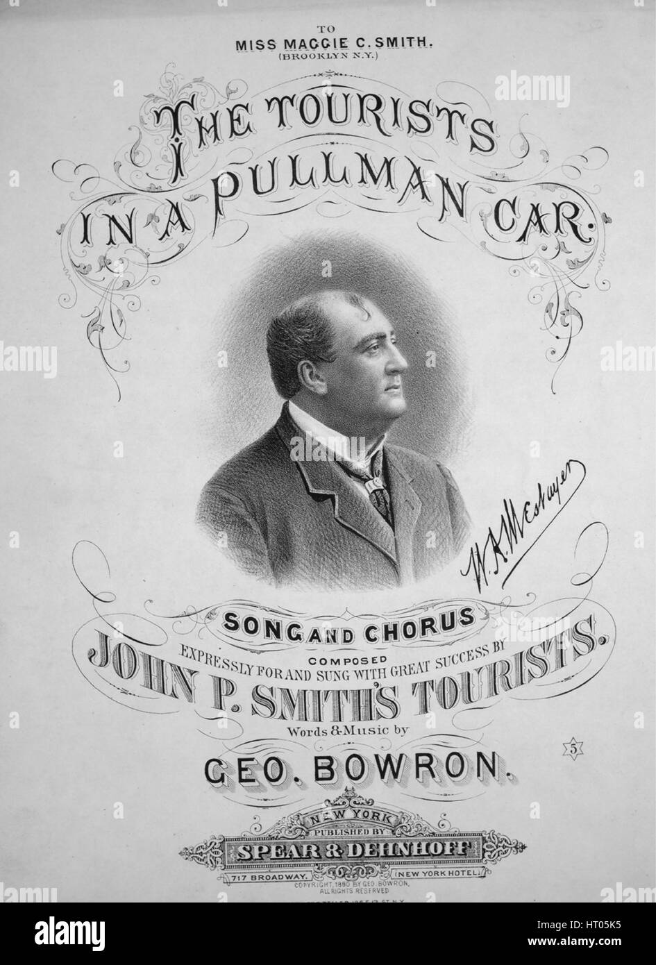 Foglio di musica immagine copertina della canzone "i turisti in una carrozza pullman Song e coro", con paternitã originale lettura delle note "parole e musica di Geo Bowron', Stati Uniti, 1880. L'editore è elencato come 'pera e Dehnhoff, 717 Broadway', la forma della composizione è 'strofico con chorus', la strumentazione è 'pianoforte e voce", la prima linea recita "oltre le pianure erbose abbiamo rapidamente un vortice lungo', e l'illustrazione artista è elencato come "lith. da R. Teller, 136 E. 13 San N.Y.". Foto Stock
