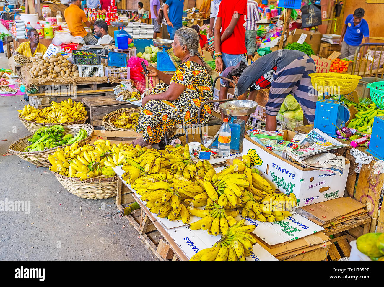 COLOMBO, SRI LANKA - 6 dicembre 2016: i grappoli delle banane gialle sul contatore e nelle caselle a Fose Mercato in Pettah, il 6 dicembre in Colombo. Foto Stock
