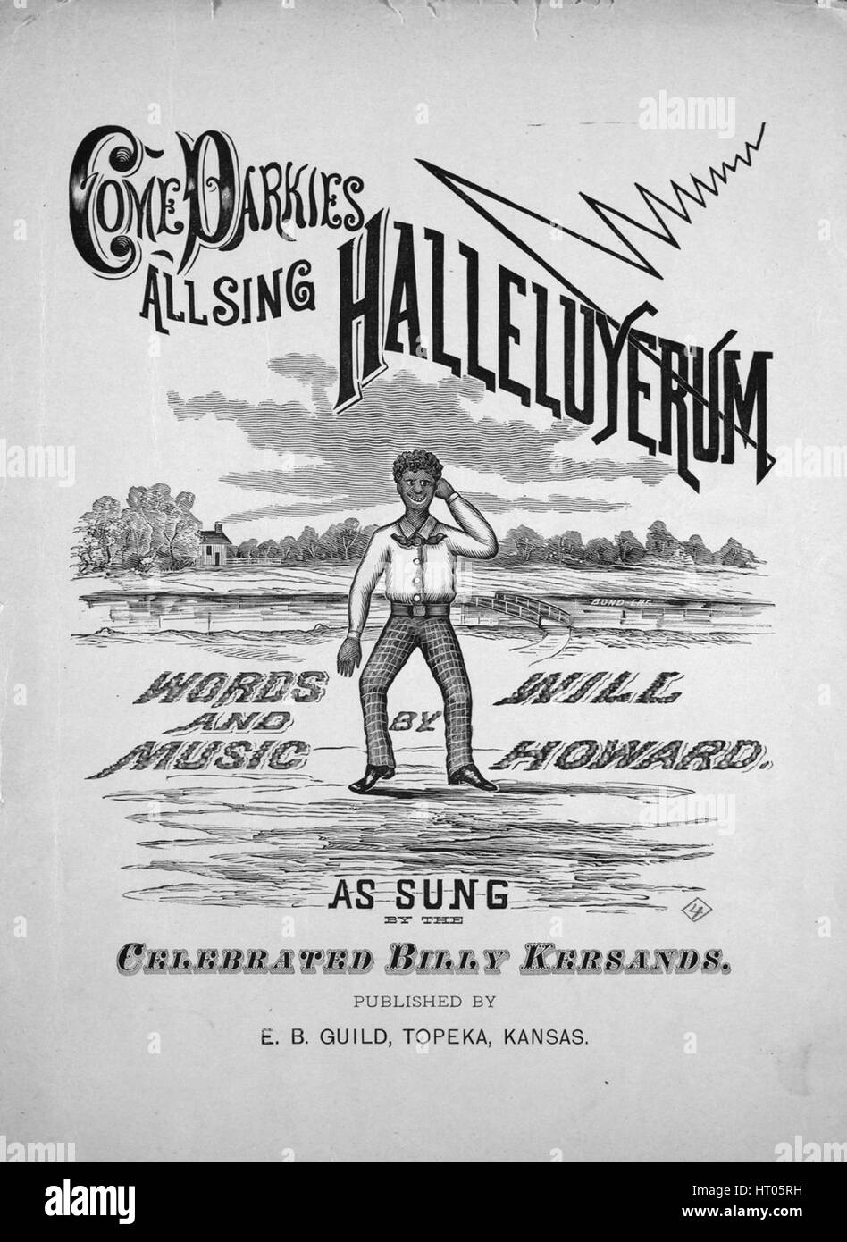 Foglio di musica immagine copertina della canzone "Vieni Darkies tutti cantano Halleluyerum', con paternitã originale lettura delle note "parole e musica da saranno Howard', 1900. L'editore è elencato come 'E.B. Guild', la forma della composizione è "no music, coprono solo', la strumentazione è 'pianoforte e voce[?]", la prima riga indica 'Nessuno', e l'illustrazione artista è elencato come 'Bond Eng.'. Foto Stock