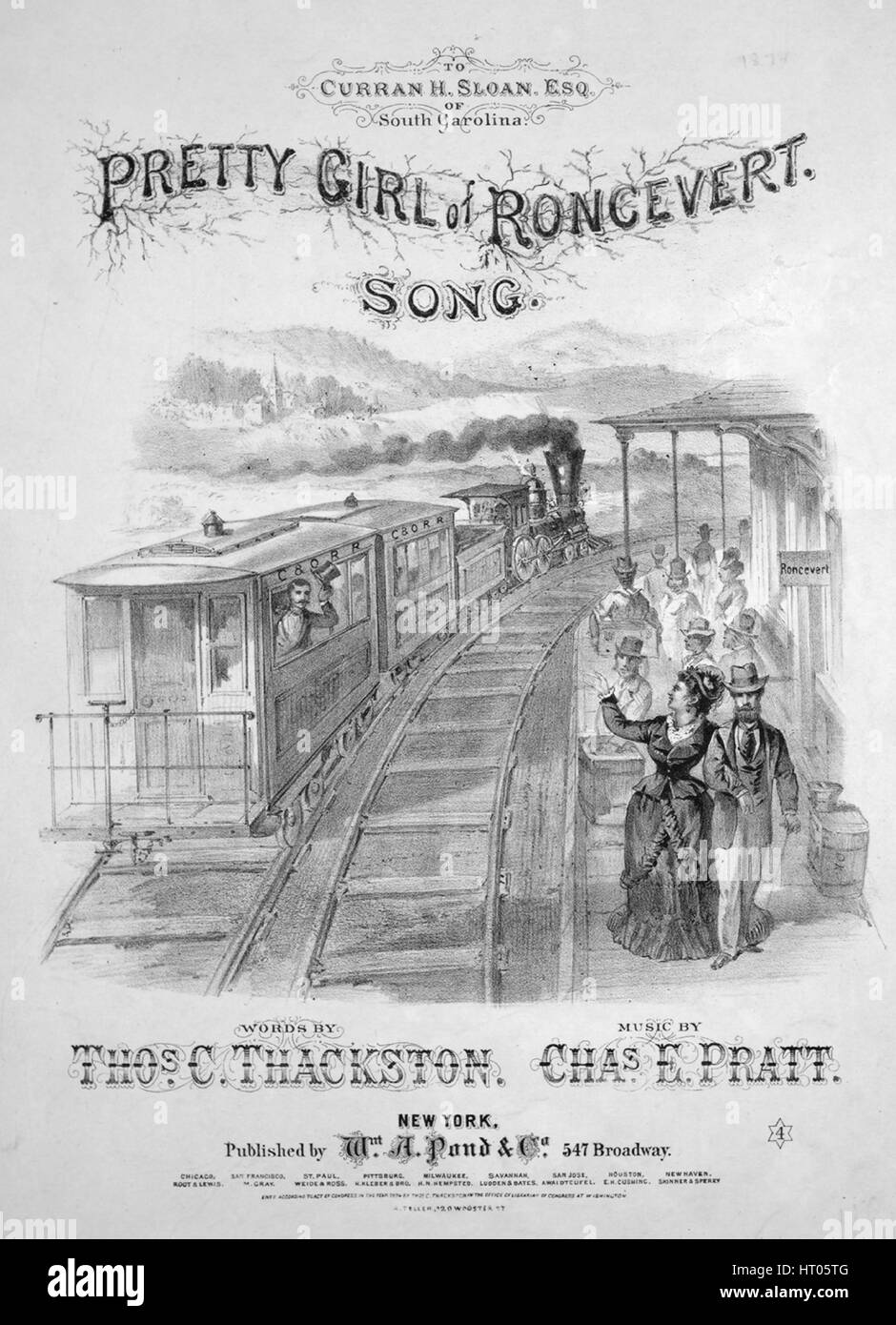 Foglio di musica immagine copertina della canzone "Pretty Girl di Roncevert Song', con paternitã originale lettura delle note "Parole da Thos C Thackston musiche di Chas e Pratt', Stati Uniti, 1874. L'editore è elencato come 'Wm. A. stagno e Co., 547 Broadway', la forma della composizione è 'strofico con chorus', la strumentazione è 'pianoforte e voce", la prima riga visualizza " egli linger'd là, il suo beau accanto a lei, hanno atteso per il prossimo treno", e l'illustrazione artista è elencato come "R. Teller, 320[?] Wooster Sant'. Foto Stock