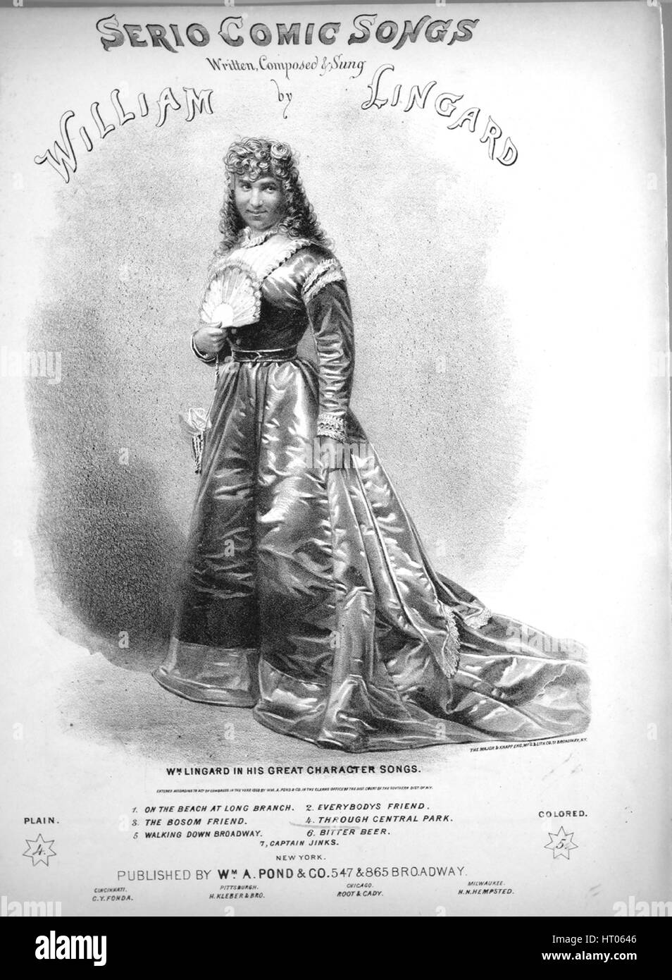 Foglio di musica immagine copertina della canzone 'serio Comic canzoni No4 attraverso Central Park "Come attraverso il parco vado", con paternitã originale lettura delle note " scritto e composto da William Lingard disposti da Chas e Pratt', Stati Uniti, 1868. L'editore è elencato come 'Wm. A. stagno e Co., 547 e 865 Broadway', la forma della composizione è 'strofico con chorus', la strumentazione è 'pianoforte e voce", la prima linea recita "Oh! Io sono una ragazza che è appassionato di vita, la mia età è di ventuno', e l'illustrazione artista è elencato come 'il principale e Knapp Eng. Mf'g. e Lith. Co. 71 Broadway'. Foto Stock