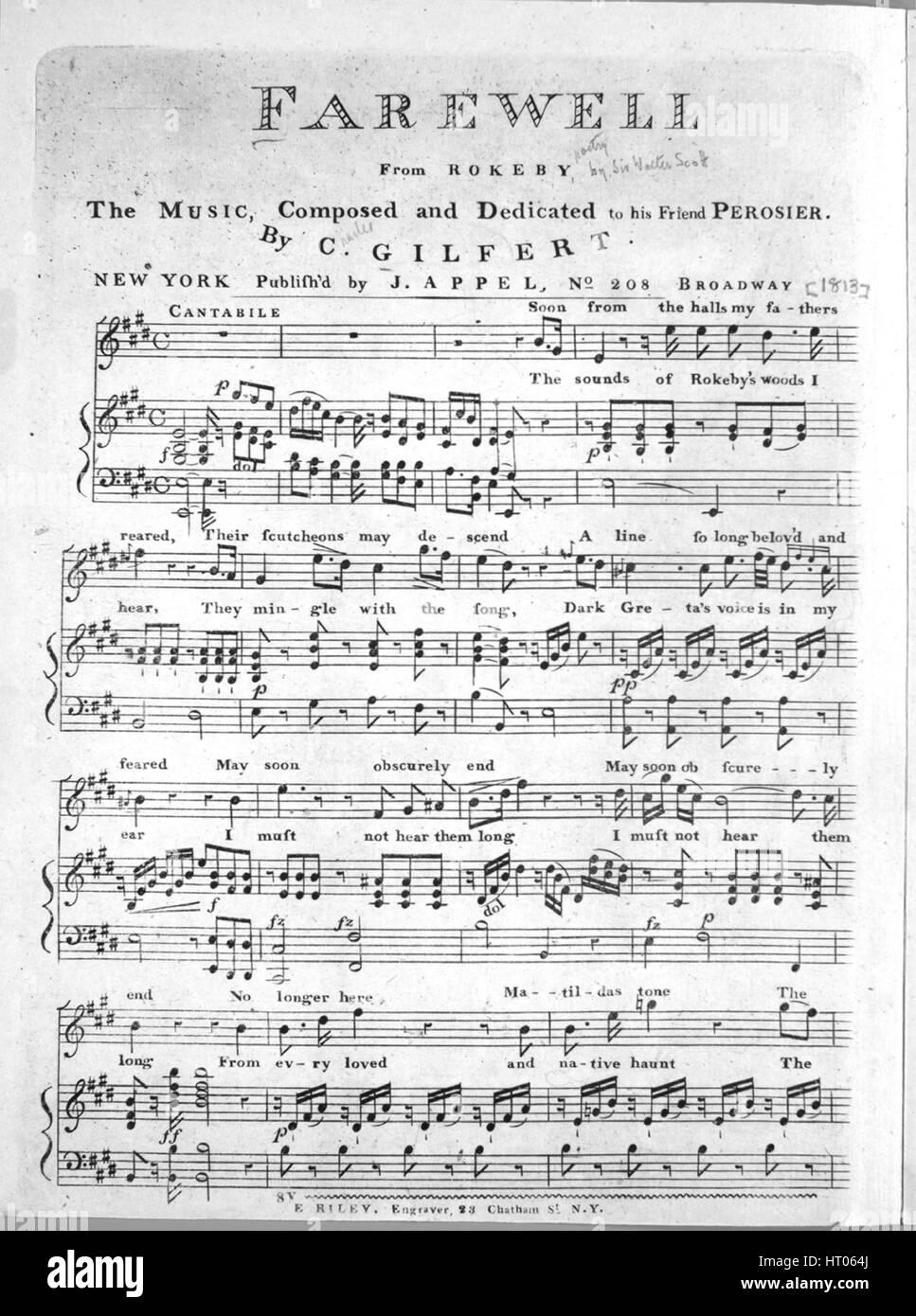 Foglio di musica immagine copertina della canzone "congedo dalla Rokeby', con paternitã originale lettura delle note '[poesia da Sir Walter Scott] La musica composta da C[harles] Gilfert', Stati Uniti, 1813. L'editore è elencato come "J. Appel, No.208 Broadway', la forma della composizione è 'strofico', la strumentazione è 'pianoforte e voce", la prima linea recita "I suoni di Rokeby di boschi che sento, essi si mescolano con la canzone ", e l'illustrazione artista è elencato come "E. Riley, incisore, 23 Chatham San, N.Y.". Foto Stock