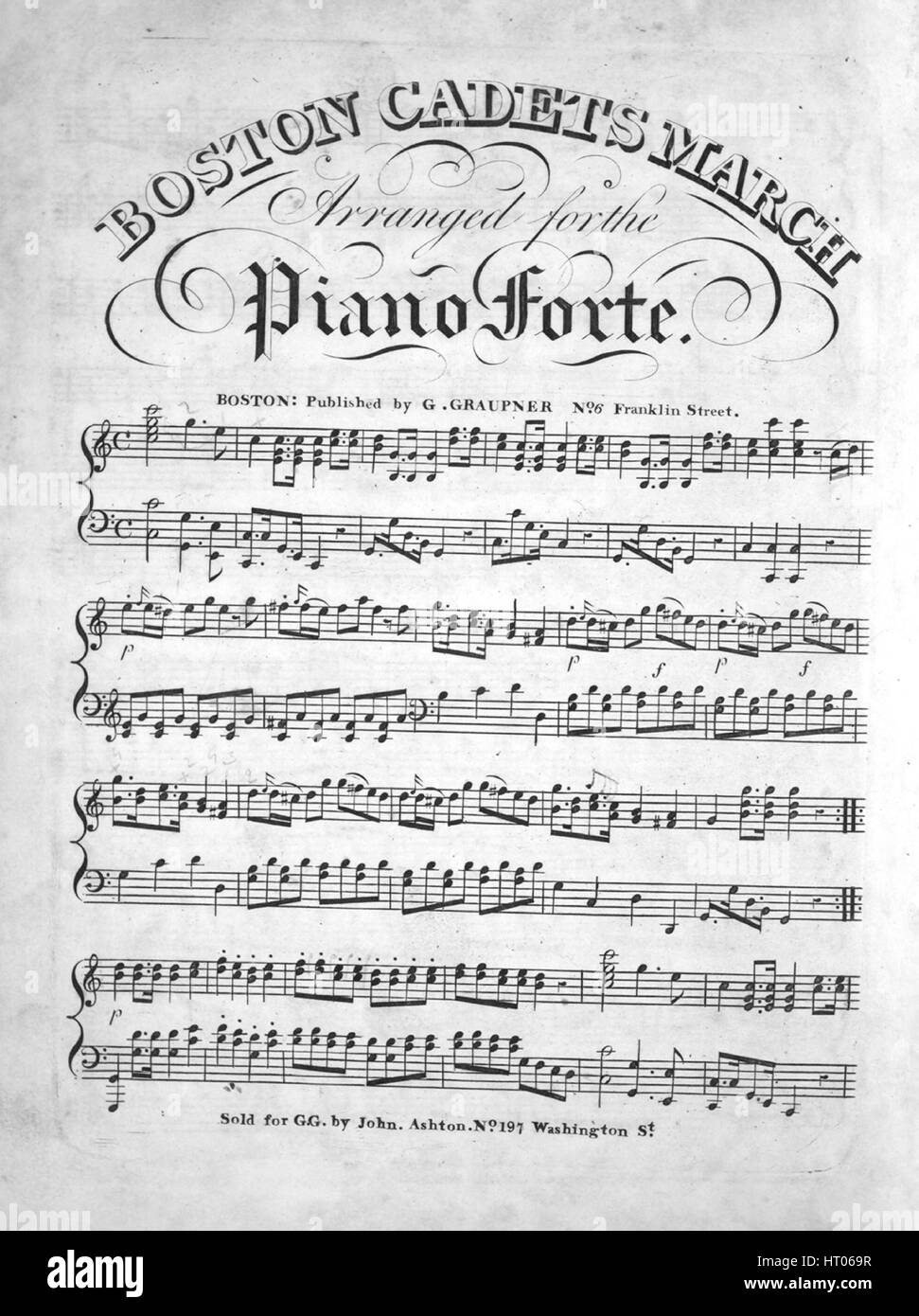 Foglio di musica immagine copertina della canzone '(1) Boston Cadetti marzo disposti per il Piano Forte; (2) un Preferito spagnolo Air", con paternitã originale lettura delle note "na", Stati Uniti, 1900. L'editore è elencato come 'G. Graupner, No.6 Franklin Sant', la forma della composizione è '(1) binario; (2) da capo', la strumentazione è 'piano', la prima riga indica 'Nessuno', e l'illustrazione artista è elencato come 'Nessuno'. Foto Stock