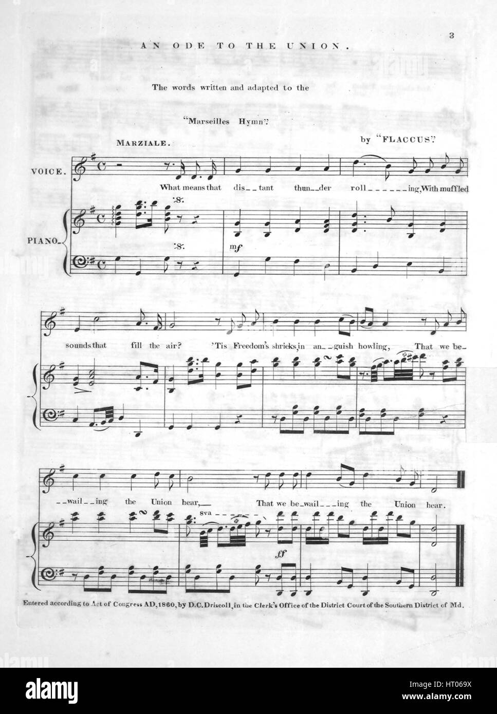 Foglio di musica immagine copertina della canzone "un' ode all' Unione", con paternitã originale lettura delle note " le parole scritte e adattato al 'Minno arseilles' da 'Flaccus", 1860. L'editore è elencato come 'n.p.', la forma della composizione è 'strofico con chorus', la strumentazione è 'pianoforte e voce", la prima linea recita "Cosa significa che Distant Thunder laminazione, con suoni attutiti che riempiono l'aria?', e l'illustrazione artista è elencato come 'Nessuno'. Foto Stock