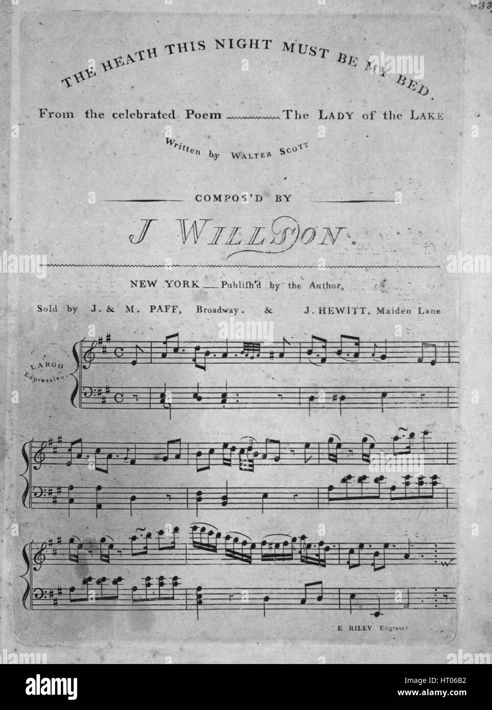 Foglio di musica immagine copertina della canzone "Heath questa notte deve essere il mio letto dal celebrato poema della Signora del Lago', con paternitã originale lettura delle note " scritto da Walter Scott composto da J Willson', Stati Uniti, 1900. L'editore è elencato come 'pubblicato dall'autore, J. E M. Paff, Broadway', la forma della composizione è 'strofico con chorus', la strumentazione è 'pianoforte e voce", la prima linea recita "l'heath questa notte deve essere il mio letto la tendina braken per la mia testa', e l'illustrazione artista è elencato come "E. Riley incisore'. Foto Stock