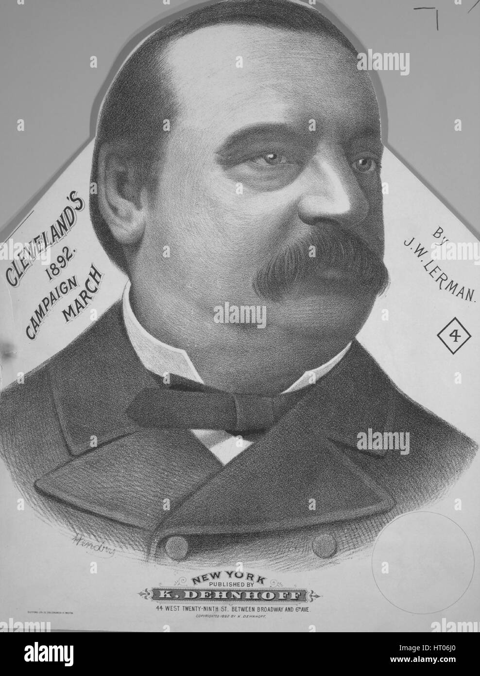 Foglio di musica immagine copertina della canzone 'Cleveland della campagna 1892 marzo", con paternitã originale lettura delle note "Da JW Lerman', Stati Uniti, 1892. L'editore è elencato come "K. Dehnhoff, 44 West Twenty-Ninth San tra Broadway e la sesta Avenue.', la forma della composizione è 'sectional', la strumentazione è 'piano', la prima riga indica 'Nessuno', e l'illustrazione artista è elencato come 'Hendry; Bufford Lith. Co. 299 Congress St. Boston; Hounslow N.Y.". Foto Stock
