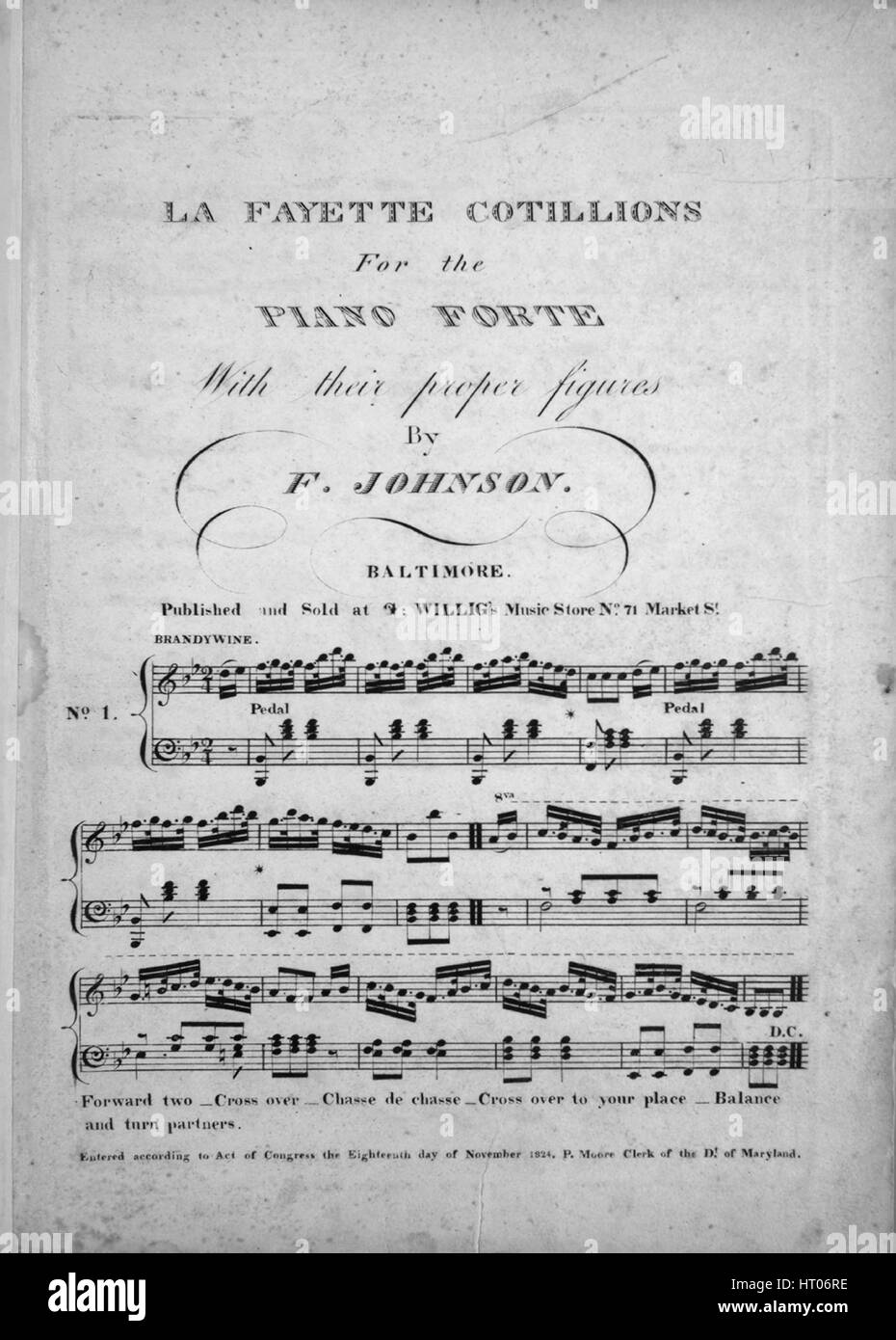 Foglio di musica immagine copertina della canzone "La Fayette Cotillions (1) Brandywine; (2) Yorktown; (3) Monmouth; (4) Olmutz; (5) Virginia; (6) Entrata in Madrid [include le istruzioni per la danza figure]', con paternitã originale lettura delle note '[disposti] per il Piano Forte Con la loro corretta figure da F Johnson', Stati Uniti, 1900. L'editore è elencato come 'G. Willig's Music Store, No. 71 Market St.', la forma della composizione è 'quattro da capo dei movimenti, la strumentazione è 'piano', la prima riga indica 'Nessuno', e l'illustrazione artista è elencato come 'Nessuno'. Foto Stock