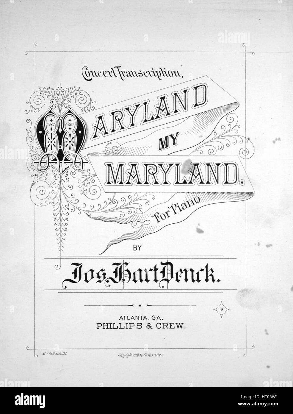 Foglio di musica immagine copertina della canzone "Concerto la trascrizione Maryland il mio Maryland', con paternitã originale lettura delle note "Da Jos Hart Denck', 1885. L'editore è elencato come 'Phillips e equipaggio', la forma della composizione è 'attraverso-composto', la strumentazione è 'piano', la prima riga indica 'Nessuno', e l'illustrazione artista è elencato come 'M.J. Orafo, Del.'. Foto Stock