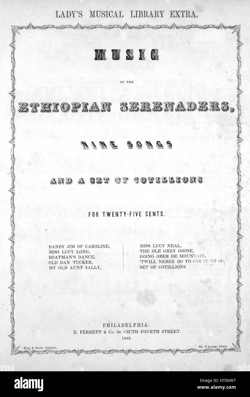 Foglio di musica immagine copertina della canzone "andy Jim di Caroline, una celebre melodia etiope Titolo serie musicale di un Etiope Serenaders nove brani e un set di Cotillions', con paternitã originale lettura delle note "disposti per questo lavoro da se stesso", Stati Uniti, 1900. L'editore è elencato come "E. Ferrett e Co., 68 South Fourth Street', la forma della composizione è 'strofico con chorus', la strumentazione è 'pianoforte e voce", la prima linea recita "ho spesso sentito dire ob tardi, Dat Souf Ca'lina era stato de', e l'illustrazione artista è elencato come 'Re ed Baird, stampanti, No.9 G Foto Stock