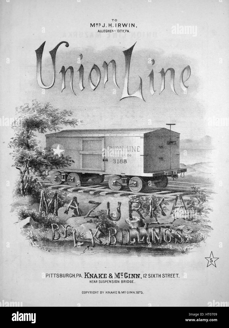 Foglio di musica immagine copertina della canzone "linea di unione Mazurka', con paternitã originale lettura delle note " da LC Billigns', 1875. L'editore è elencato come 'Knake e McGinn, 12 Sesto Street, vicino al ponte di sospensione', la forma della composizione è 'sectional', la strumentazione è 'piano', la prima riga indica 'Nessuno', e l'illustrazione artista è elencato come 'Nessuno'. Foto Stock