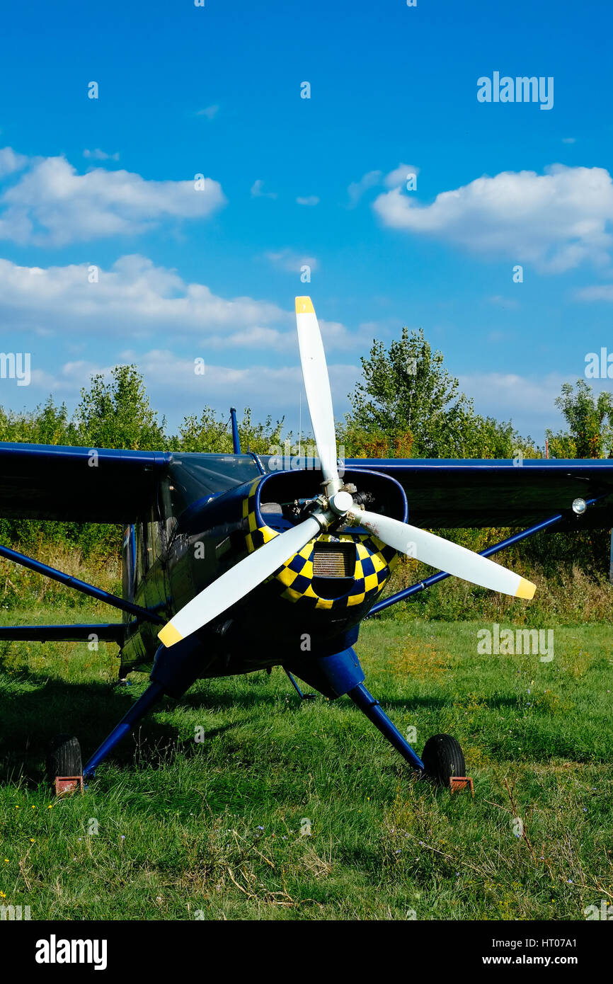 Aeroplano blu su un prato dell'aerodromo Foto Stock