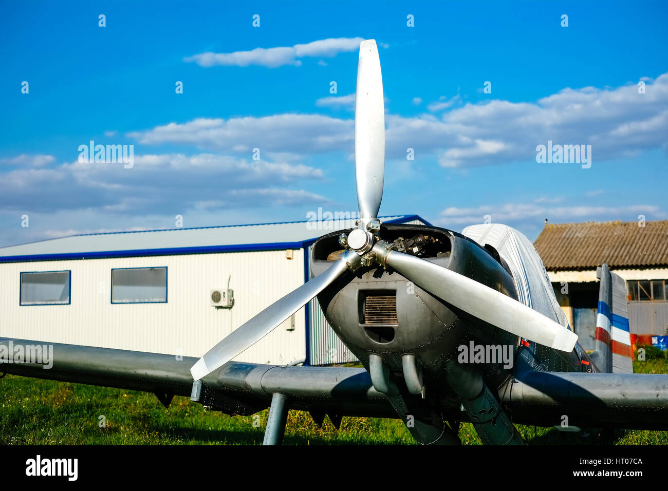 Aeroplano grigio parcheggiato sul prato del campo di aviazione Foto Stock