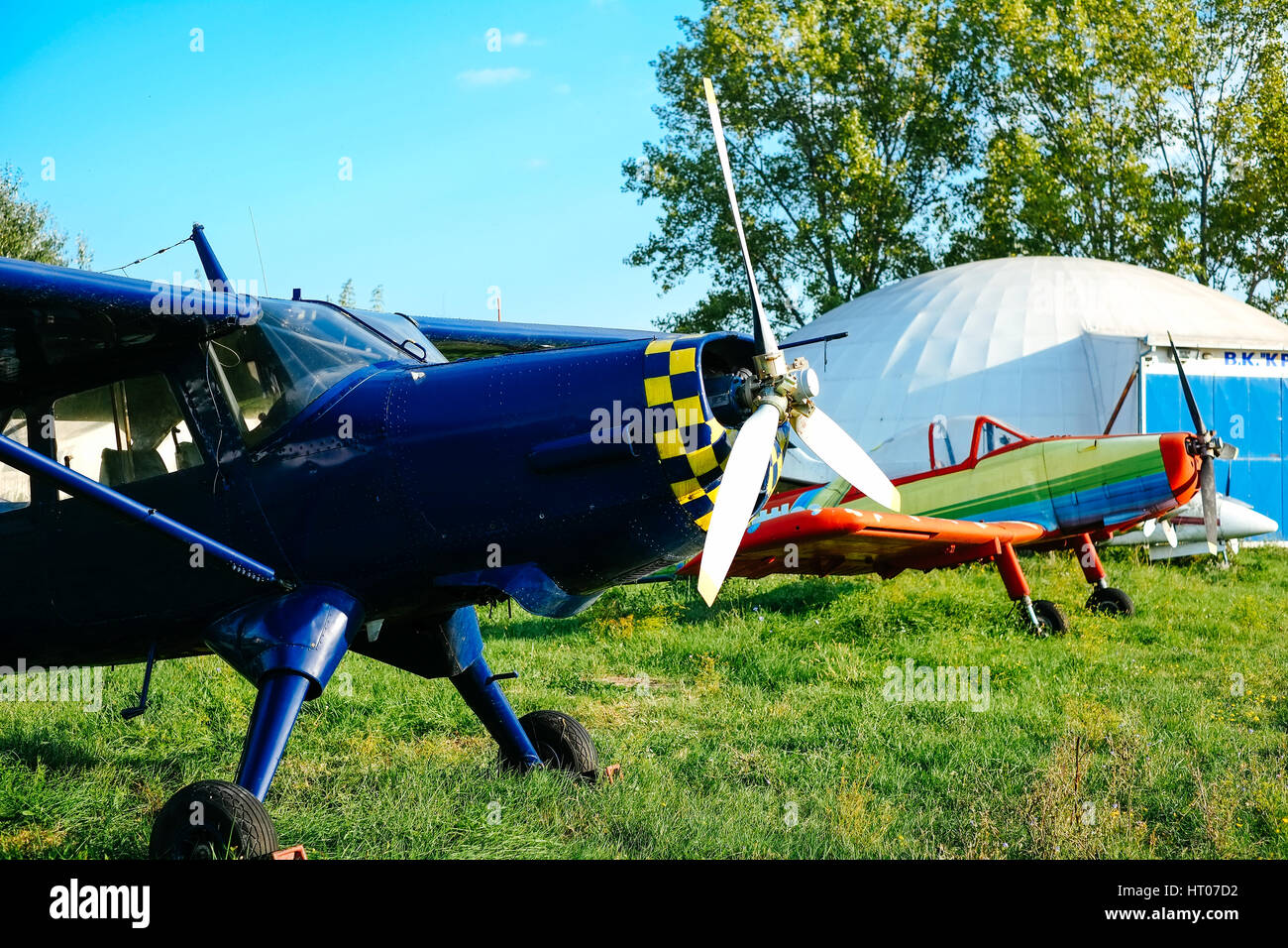 Elica dell'aereo blu sul prato del campo di aviazione Foto Stock