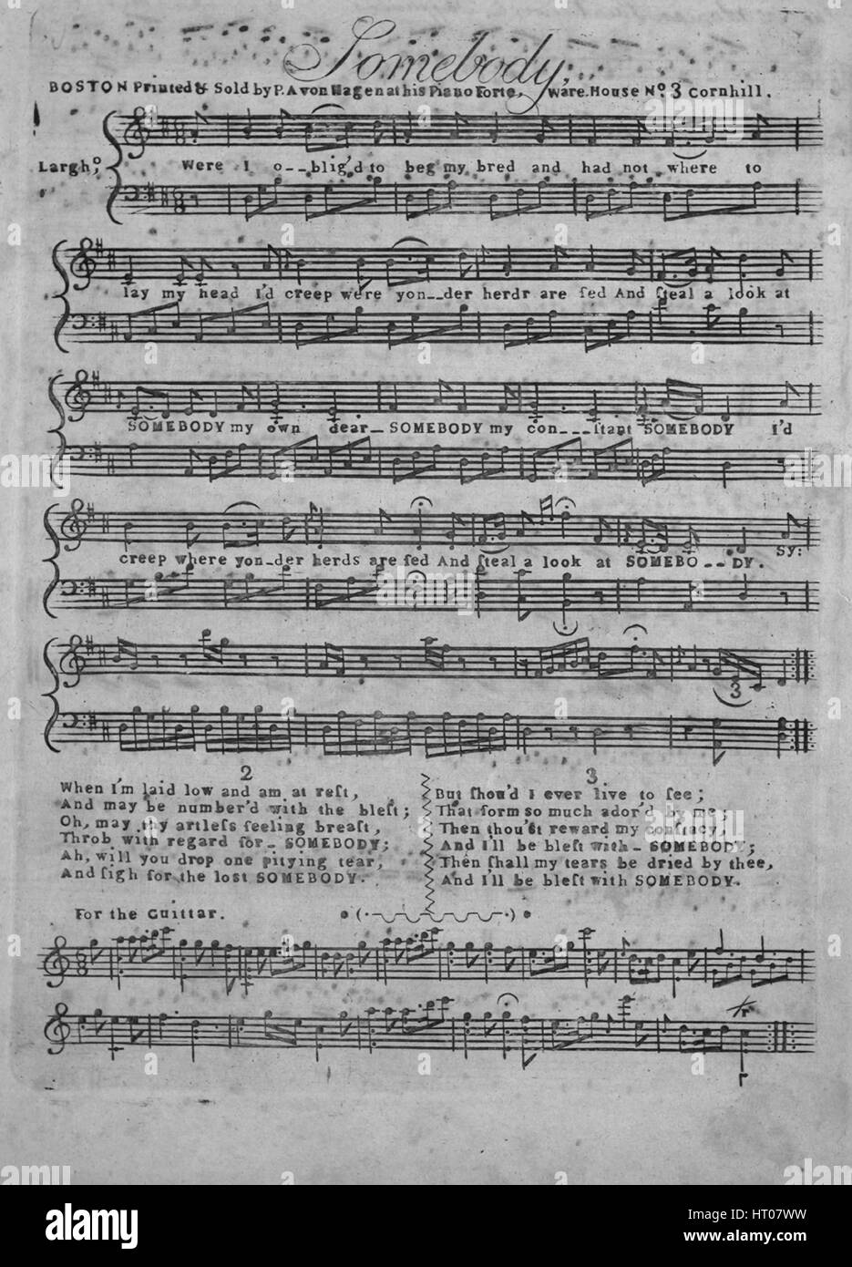 Foglio di musica immagine copertina della canzone '(1) qualcuno; (2) La suoneria Cabelonian con variazioni', con paternitã originale lettura delle note '(1) na; (2) Latour', 1900. L'editore è elencato come 'P.A. von Hagen al suo Piano Forte magazzino, No. 3, Cornhill n.d.; (2) lato-manoscritto', la forma della composizione è '(1) strophic ; (2) il tema e variazione', la strumentazione è '(1) pianoforte e voce e chitarra; (2) tastiera (pianoforte, clavicembalo, ecc.)", la prima linea di legge '(1) erano oblig mi piacerebbe a mendicare il mio allevati e non ha dove posare il capo", e l'illustrazione artista è elencato come 'Nessuno'. Foto Stock