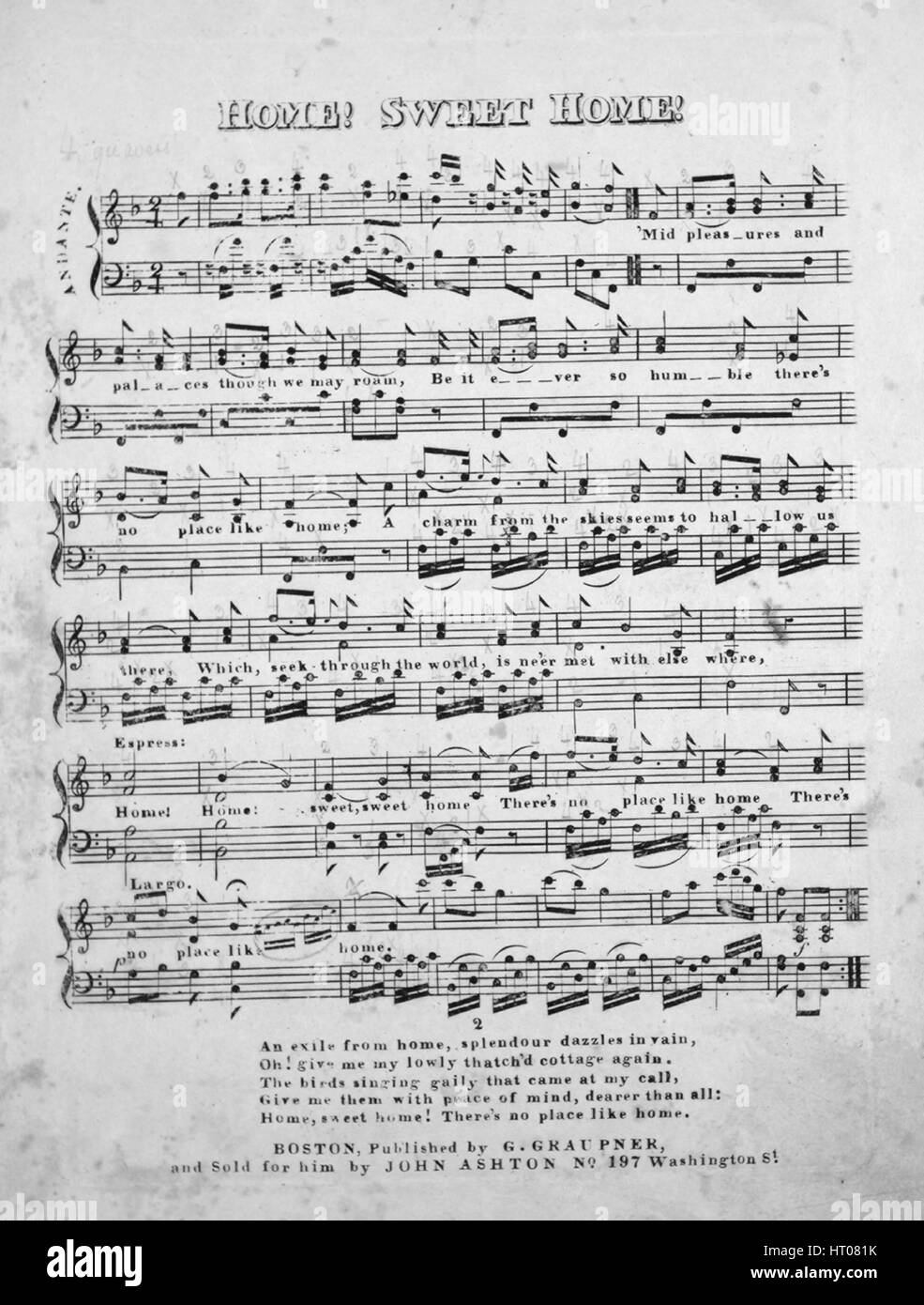 Foglio di musica immagine copertina della canzone "Casa! Dolce casa!', con paternitã originale lettura delle note "na", Stati Uniti, 1900. L'editore è elencato come 'G. Graupner', la forma della composizione è 'strofico', la strumentazione è 'pianoforte e voce", la prima linea di legge ''Mid piaceri e palazzi anche se ci può vagare, essere sempre così umile non ci è posto come la casa', e l'illustrazione artista è elencato come 'Nessuno'. Foto Stock