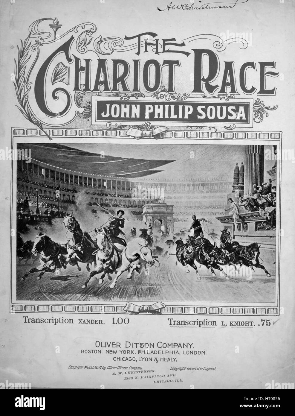 Copertina spartiti della canzone "The Chariot Race Transcription", con note originali che recitano "Arr for piano by Launce Knight Compound by John Philip Sousa", Stati Uniti, 1863. L'editore è elencato come "Oliver Ditson Company", la forma della composizione è "sezionale (con didascalie programmatiche, ad esempio, "il clamore di zoccoli quando i cavalli entrano nell'arena")", la strumentazione è "piano", la prima riga dice "nessuno" e l'artista dell'illustrazione è elencato come "nessuno". Foto Stock