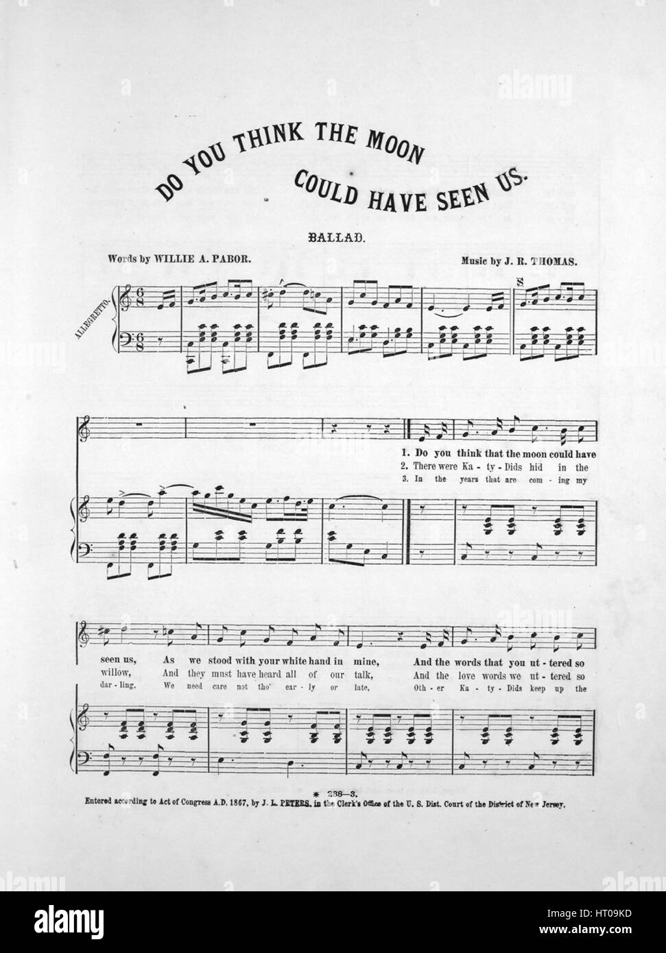 Foglio di musica immagine di copertina del brano 'Do si pensa che la Luna potrebbe avere visto noi?", con paternitã originale lettura delle note "Parole da Willie e Pabor musica da JR Thomas', Stati Uniti, 1866. L'editore è elencato come 'J.L. Peters, 200 Broadway', la forma della composizione è 'strofico con chorus', la strumentazione è 'pianoforte e voce (solista e coro satb)', la prima riga indica 'o si pensa che la Luna potrebbe avere visto noi', e l'illustrazione artista è elencato come "lith. C.O. Clayton, 593 Broadway, N.Y.". Foto Stock