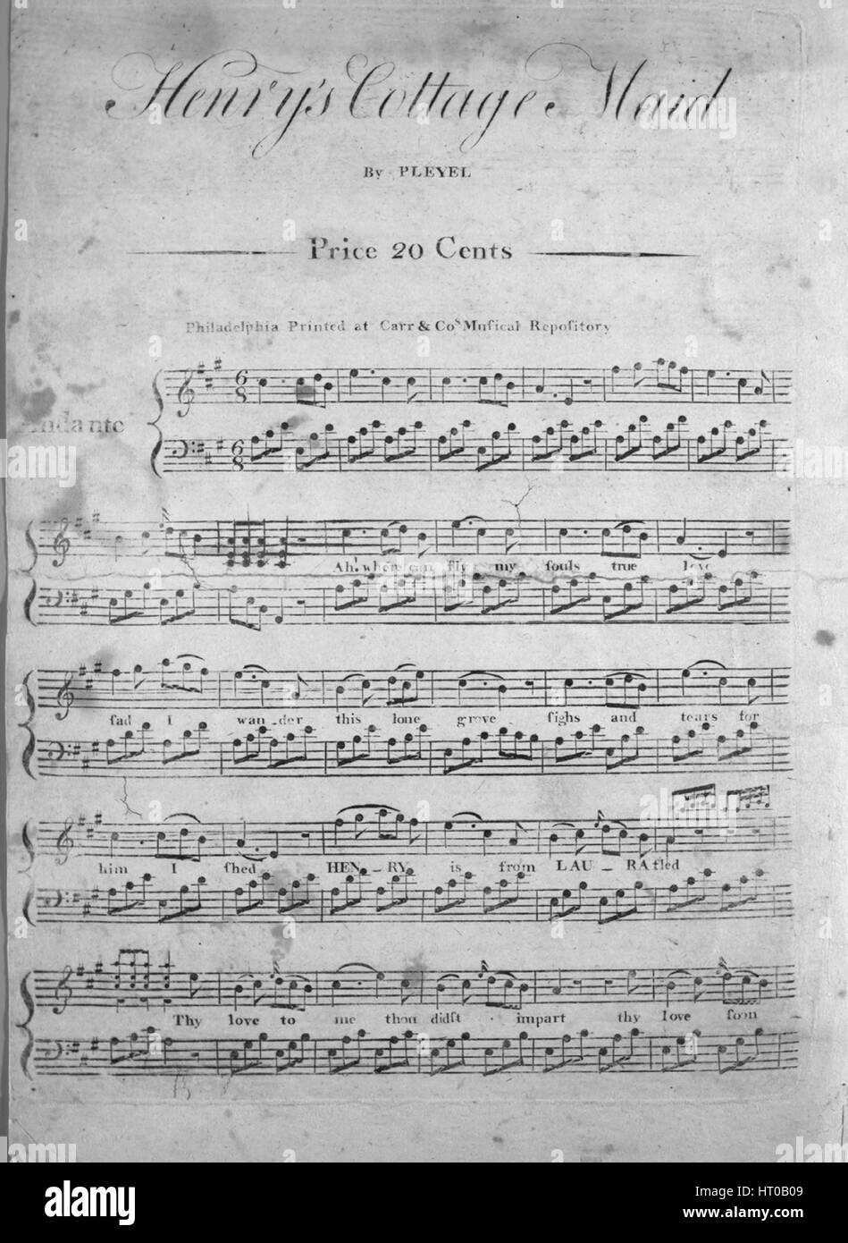 Foglio di musica immagine copertina della canzone "Henry's Cottage Maid', con paternitã originale lettura delle note "Da Pleyel', Stati Uniti, 1900. L'editore è elencato come 'Carr e Cos. archivio musicale', la forma della composizione è 'strofico con chorus', la strumentazione è 'pianoforte e voce; Guittar [sic]', la prima linea recita "Ah! Dove si può volare il mio falli vero amore", e l'illustrazione artista è elencato come 'Nessuno'. Foto Stock