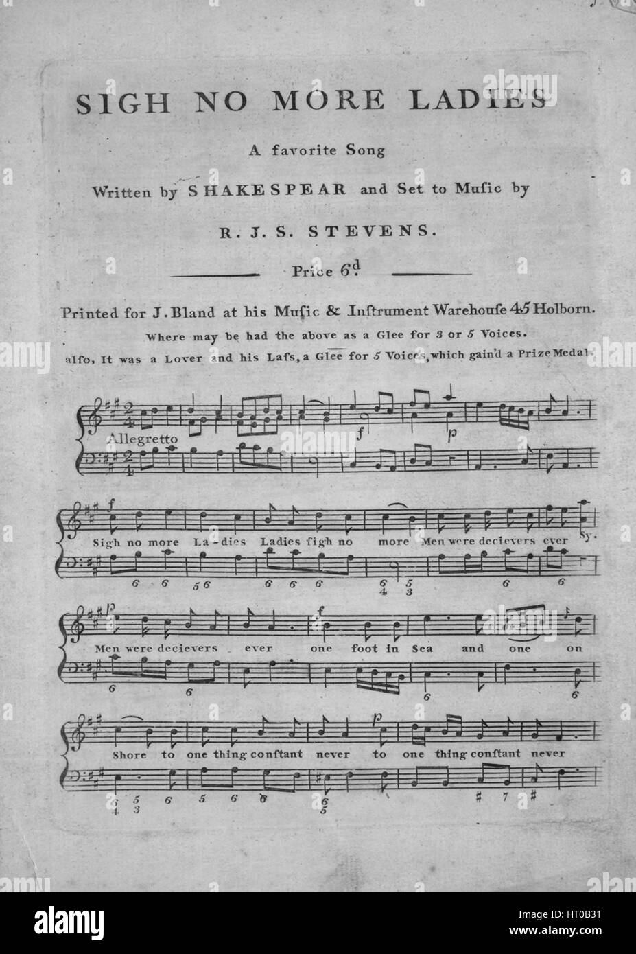 Foglio di musica immagine copertina della canzone "igh non più cari una canzone preferita", con paternitã originale lettura delle note " scritto da [William] Shakespeare e la musica da RJS Stevens', 1900. L'editore è elencato come "J. Un blando presso la sua musica e il suo strumento, magazzino 45 Holborn', la forma della composizione è 'strofico con chorus (con figurato bass)', la strumentazione è 'pianoforte e voce", la prima riga visualizza " igh non più onorevoli colleghe sospiro non più', e l'illustrazione artista è elencato come 'Nessuno'. Foto Stock