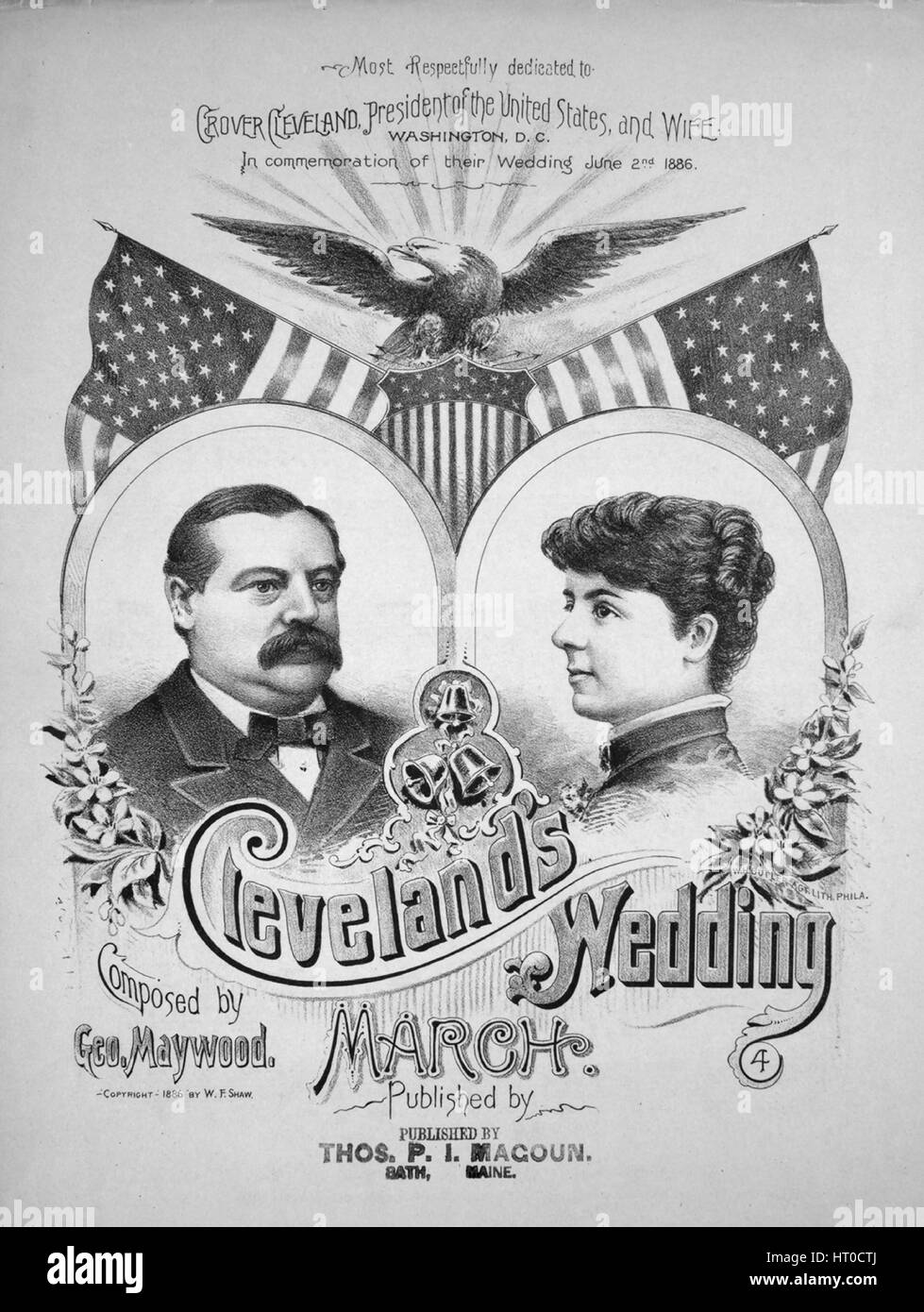 Foglio di musica immagine copertina della canzone 'Cleveland di nozze di marzo", con paternitã originale note "lettura composta da Geo Maywood', 1886. L'editore è elencato come 'Thos. P.I. Magoun', la forma della composizione è 'sectional', la strumentazione è 'piano', la prima riga indica 'Nessuno', e l'illustrazione artista è elencato come 'W.H. Il maggiordomo Agt. Lith. Phila.". Foto Stock