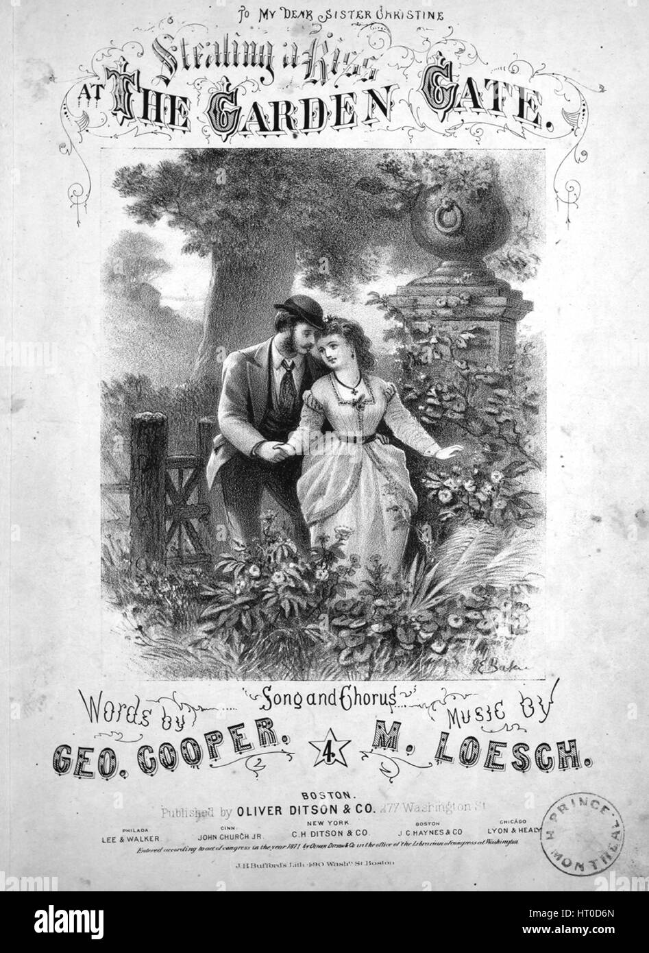 Foglio di musica immagine copertina della canzone 'ruba un bacio al Garden Gate Song e coro", con paternitã originale lettura delle note "Parole da Geo Cooper musiche di M Loesch', Stati Uniti, 1871. L'editore è elencato come 'Oliver Ditson e Co., 277 Washington St', la forma della composizione è 'strofico con chorus', la strumentazione è 'pianoforte e voce", la prima linea recita "l'argento stelle sono state sbirciando nel crepuscolo, la jeweled moon era in fase di salita nel suo stato queenly', e l'illustrazione artista è elencato come 'J.H. Bufford's Lith. 490 Washn. San Boston'. Foto Stock