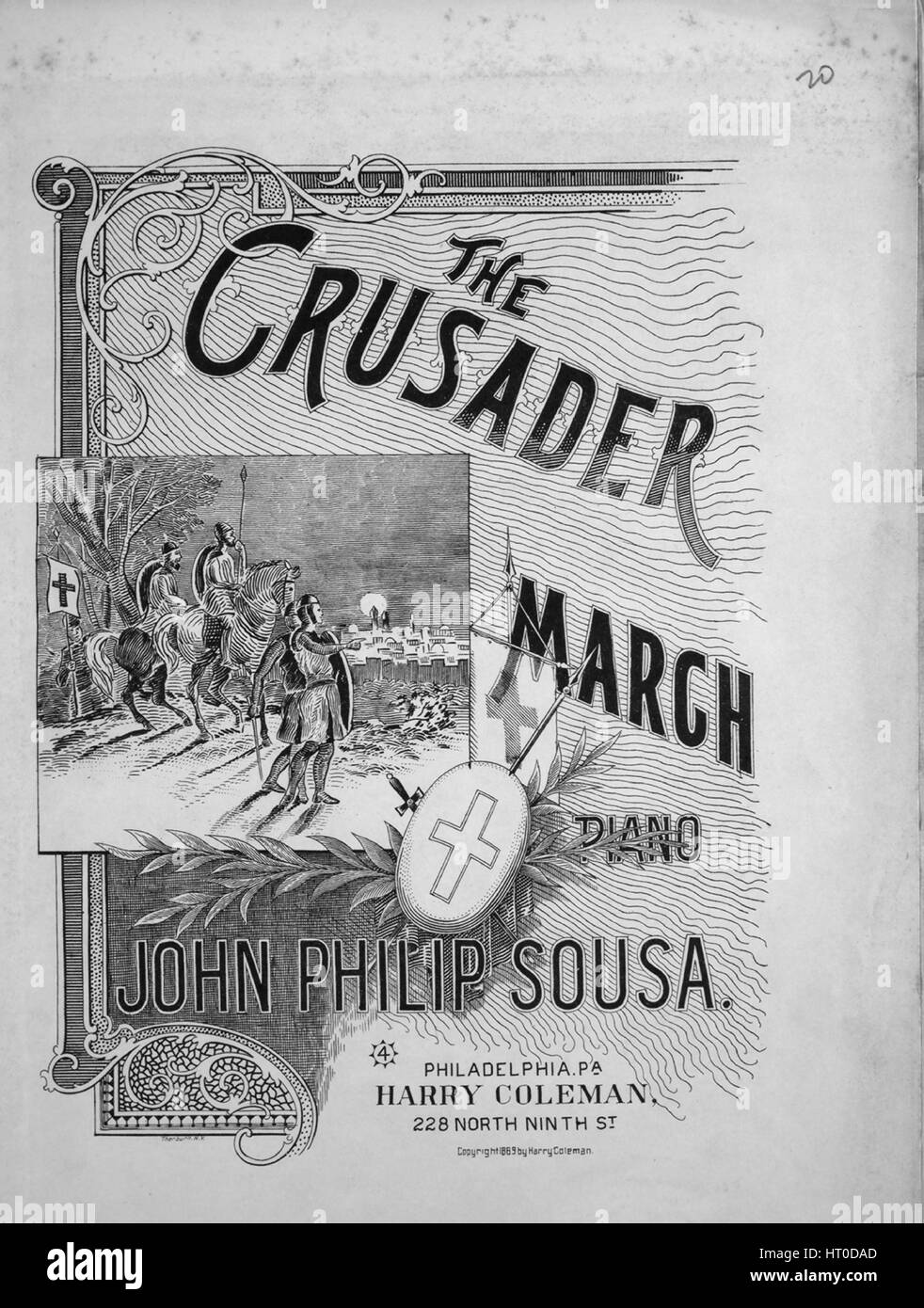 Foglio di musica immagine copertina della canzone "Il Crociato marzo", con paternitã originale lettura delle note "composto da John Philip Sousa', Stati Uniti, 1889. L'editore è elencato come 'Harry Coleman, 228 North nono San', la forma della composizione è 'sectional', la strumentazione è 'piano', la prima riga indica 'Nessuno', e l'illustrazione artista è elencato come 'Thorburn N.Y.". Foto Stock