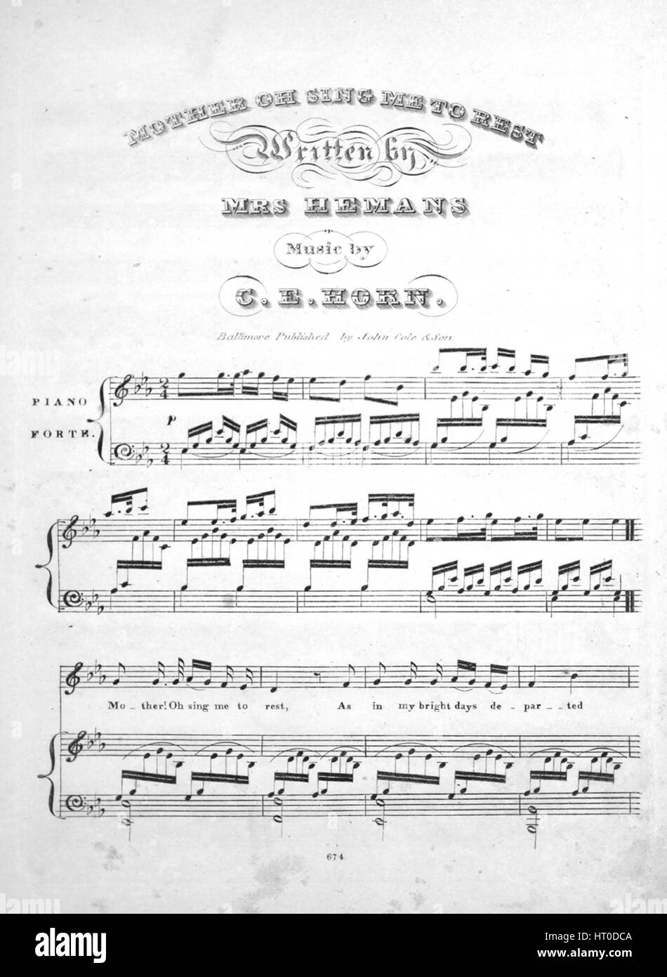 Foglio di musica immagine copertina della canzone "Oh cantare Me a riposo", con paternitã originale lettura delle note " scritto da Mrs Hemans musica da CE horn', Stati Uniti, 1900. L'editore è elencato come 'John Cole e figlio', la forma della composizione è 'attraverso-composto', la strumentazione è 'pianoforte e voce", la prima linea recita "altri! Oh cantare me a riposo, come nei miei giorni luminosi defunti', e l'illustrazione artista è elencato come 'Nessuno'. Foto Stock