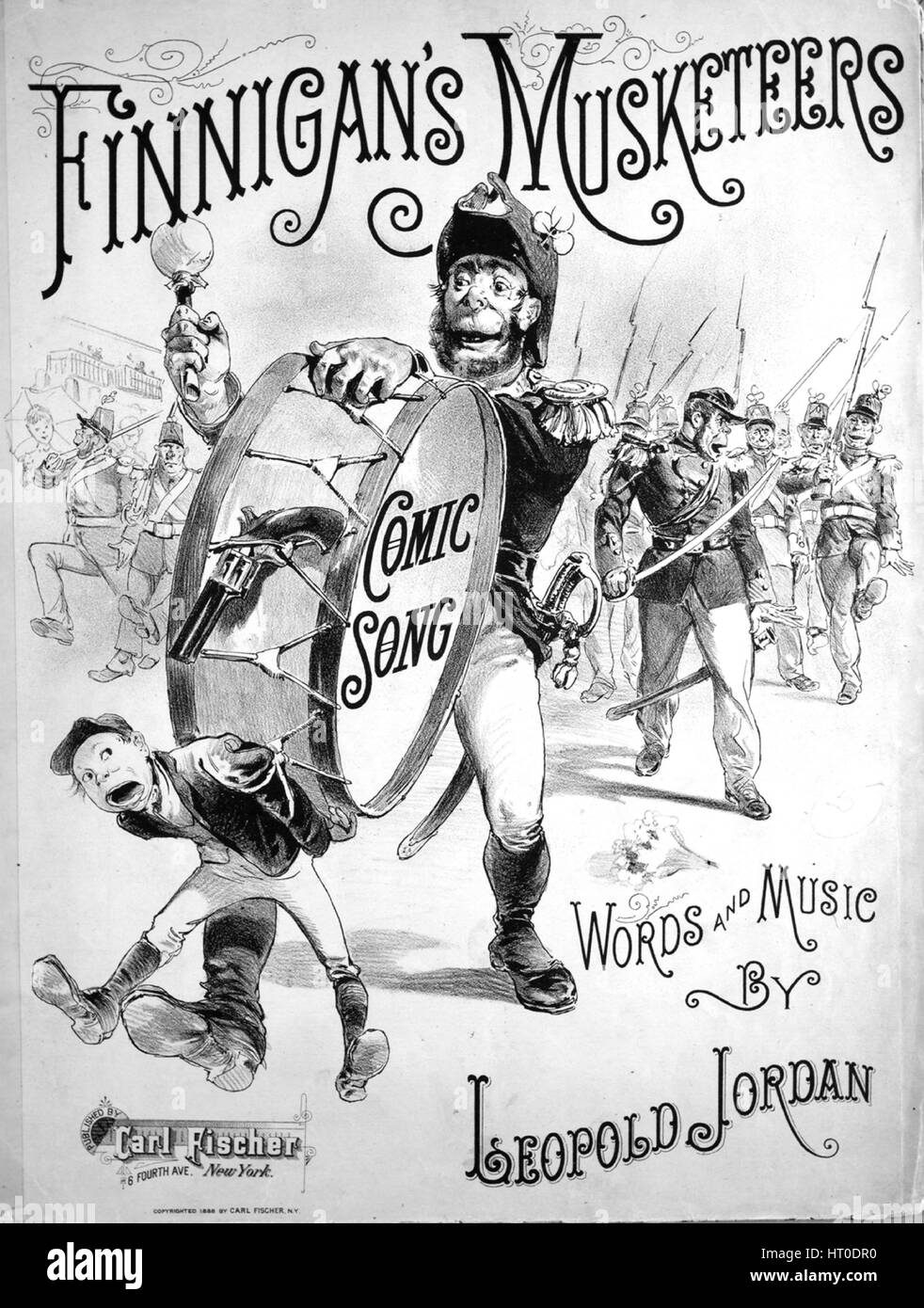 Foglio di musica immagine copertina della canzone "Finnigan's Moschettieri", con paternitã originale lettura delle note "parole e musica da Leopoldo Giordania", Stati Uniti, 1888. L'editore è elencato come 'Carl Fischer, 6 quarto Ave.', la forma della composizione è 'strofico con chorus', la strumentazione è 'pianoforte e voce", la prima linea recita "Finnigan ike un patriota egli giurò che susciterebbe una poderosa corps dei moschettieri che tutto il mondo avrebbe daze', e l'illustrazione artista è elencato come 'Nessuno'. Foto Stock