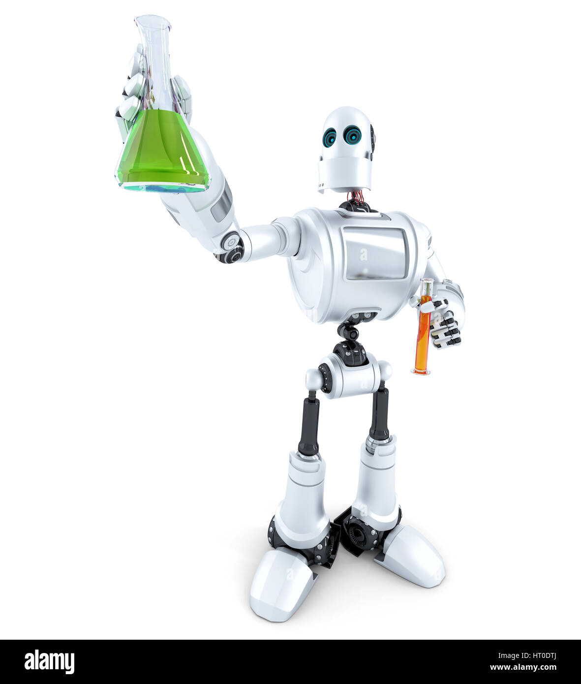 Robot scienziato manipola tubi chimici. Isolato su bianco. Contiene il percorso di clipping Foto Stock