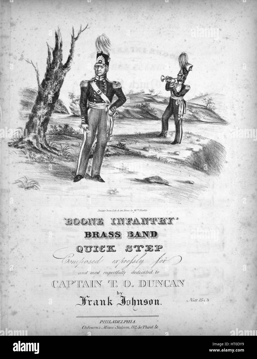 Foglio di musica immagine copertina della canzone 'Boone fanteria' Brass Band rapido passo', con paternitã originale note "lettura composta da Frank Johnson', Stati Uniti, 1844. L'editore è elencato come 'Osbourn del Salone della Musica, 112 So. Terza San', la forma della composizione è 'a capo', la strumentazione è 'piano', la prima riga indica 'Nessuno', e l'illustrazione artista è elencato come 'drawn dalla vita e sulla pietra da Wm Huddy.". Foto Stock