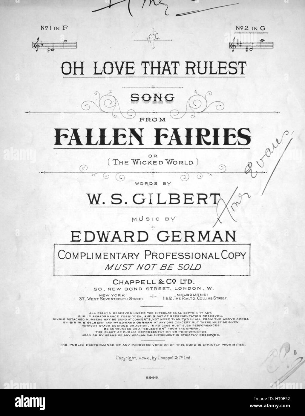 Foglio di musica immagine copertina della canzone "Oh amore che domini canzone da fatine caduti, o il malvagio mondo', con paternitã originale lettura delle note "Parole da WS Gilbert musica da Edward Tedesco', Regno Unito, 1910. L'editore è elencato come 'Chappell e Co., Ltd., 50 New Bond Street', la forma della composizione è 'sectional', la strumentazione è 'pianoforte e voce", la prima linea recita "l'amore, che domini nella nostra terra, terrore autocrate di bene o di Male', e l'illustrazione artista è elencato come 'Nessuno'. Foto Stock