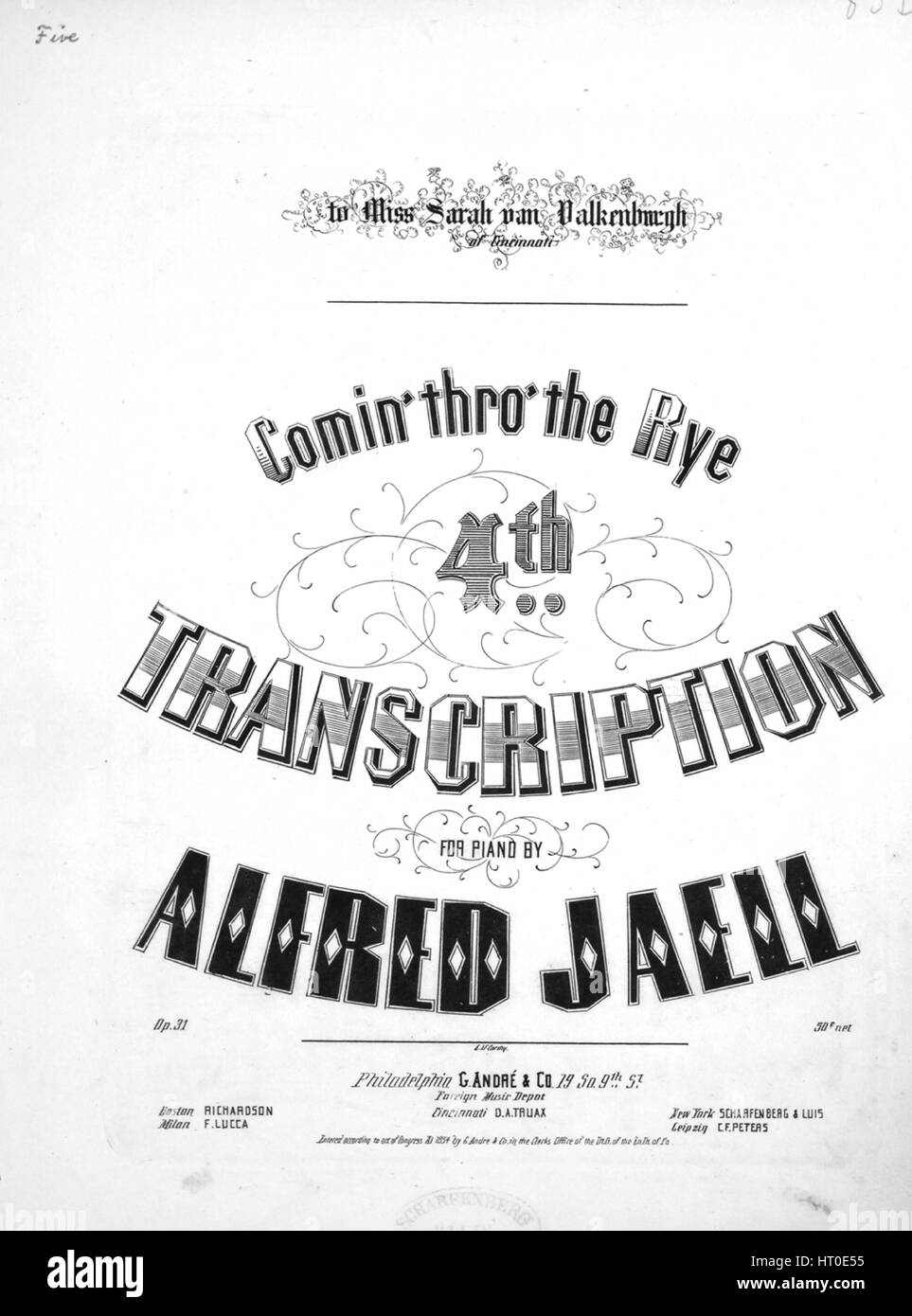 Foglio di musica immagine copertina della canzone 'Comin' montaggio passante la segala 4 trascrizione per pianoforte", con paternitã originale lettura delle note "Op31 da Alfred Jaell', 1854. L'editore è elencato come 'Boston Theodore T. Barker, 381 Washn. San, 1853[?]]; pagina titolo Philadelphia G. Andre e co.', la forma della composizione è 'attraverso-composto', la strumentazione è 'piano', la prima riga indica 'Nessuno', e l'illustrazione artista è elencato come "E. Masson del.; Bufford's Lith. Boston [cover]; E. McCarthy [coperchio interno].". Foto Stock