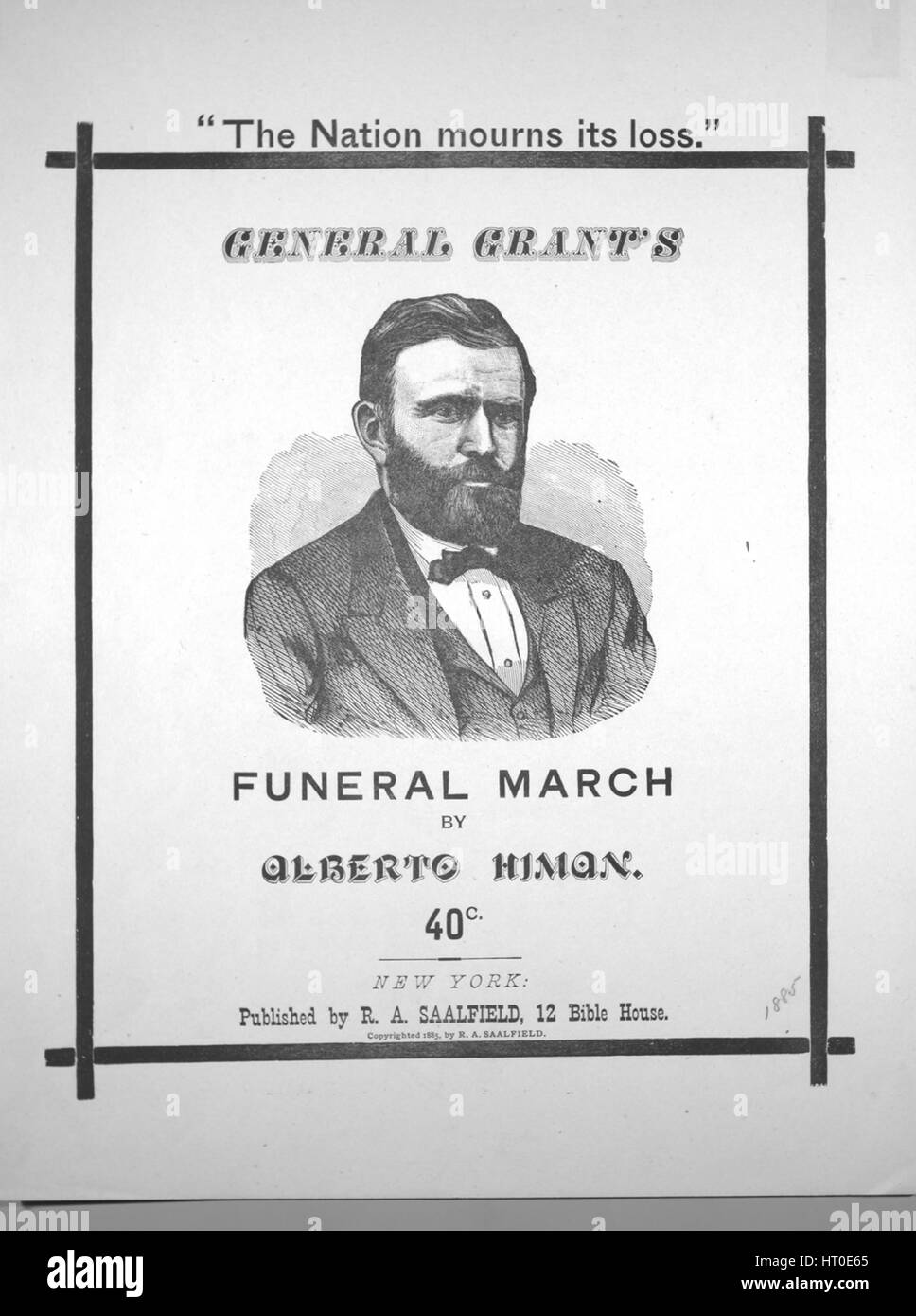 Foglio di musica immagine copertina della canzone 'Gen concedere i funerali del marzo", con paternitã originale lettura delle note "composto da Alberto Himan', Stati Uniti, 1885. L'editore è elencato come 'R.A. Saalfield, 12 la Bibbia House', la forma della composizione è 'sectional', la strumentazione è 'piano', la prima riga indica 'Nessuno', e l'illustrazione artista è elencato come 'Nessuno'. Foto Stock