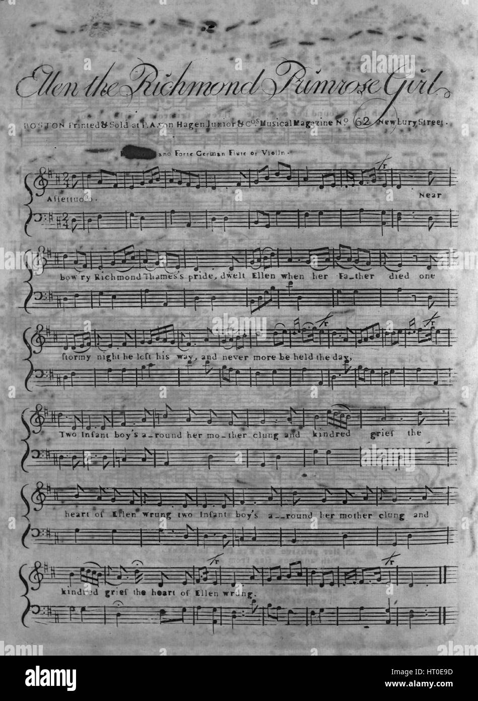 Partitura immagine di copertina della canzone 'Ellen the Richmond Primrose Girl [due pezzi manoscritti inclusi con la musica stampata (1) 'Eveleen's Bower A favorite Irish Melody,' na; (2) Gen Cobourg's(?) Favorite Trumpet March, na ]', con note di paternità originali con la scritta 'na', Stati Uniti, 1900. L'editore è elencato come 'P.A. von Hagen Junt. E Cos., No.62 Newbury Street', la forma della composizione è 'strofica con ritornello', la strumentazione è 'piano e voce', la prima riga recita 'vicino Bow'ry Richmond Thame's orgoglio, Dwelt Ellen quando suo padre è morto prima linea di primromo, Primro Foto Stock