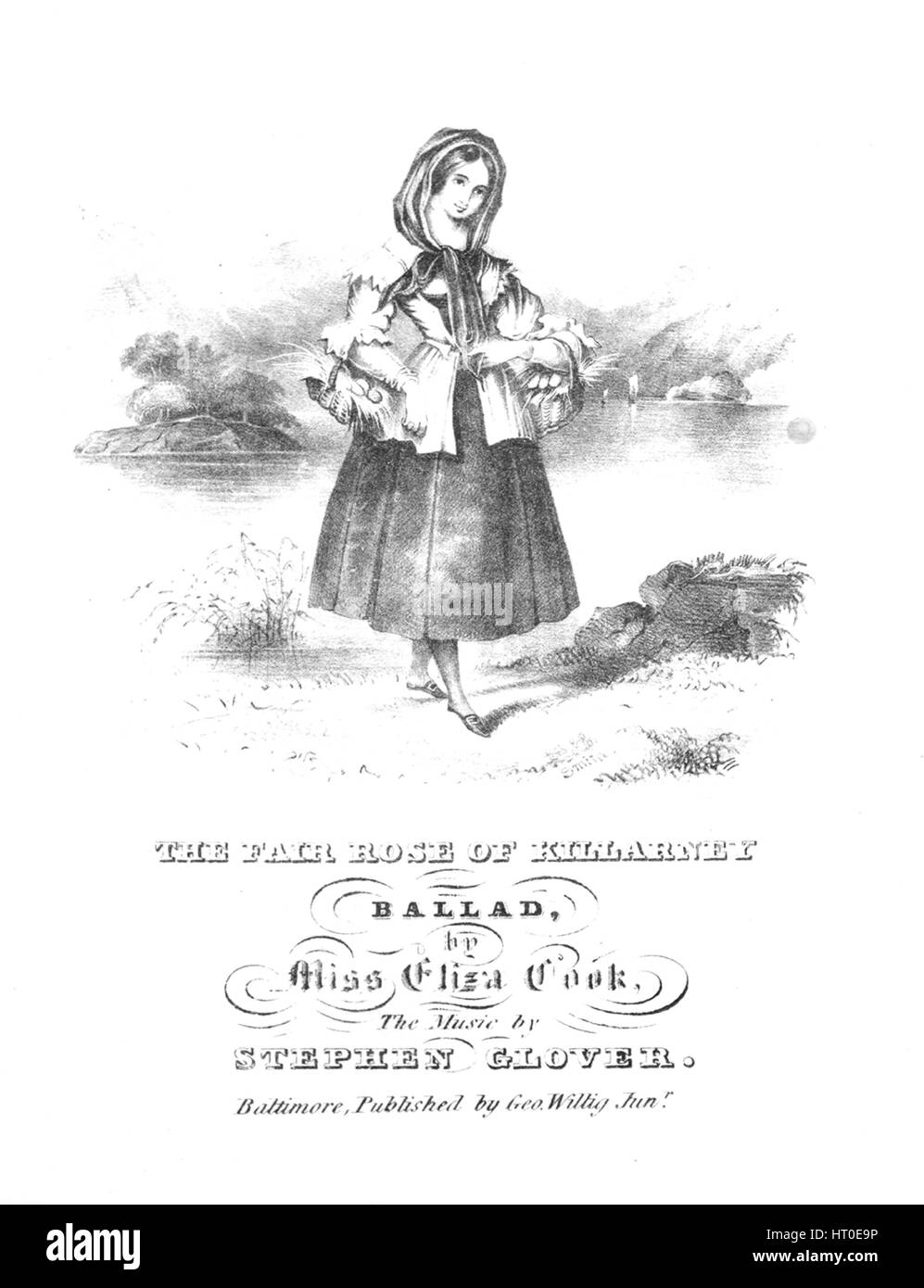 Foglio di musica immagine copertina della canzone 'l'aria Rose di Killarney ballata', con paternitã originale lettura delle note " da Miss Eliza cuocere la musica da Stephen Glover', Stati Uniti, 1900. L'editore è elencato come 'Geo. Willig Junr.', la forma della composizione è 'strofico', la strumentazione è 'pianoforte e voce", la prima linea di legge ''Twas lungo, molto tempo fa dal Lago di Killarney, giovane Kathleen, dolce fiore, ho woo'd per la mia sposa", e l'illustrazione artista è elencato come 'Smith; E. Gillingham'. Foto Stock