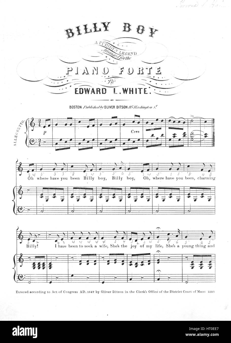 Foglio di musica immagine copertina della canzone "Billy Boy una curiosa leggenda", con paternitã originale lettura delle note "predisposto per il Piano Forte da Edward L' bianco, Stati Uniti, 1847. L'editore è elencato come 'Oliver Ditson, 115 Washington St', la forma della composizione è 'strofico con chorus', la strumentazione è 'pianoforte e voce", la prima linea recita "Oh dove sei stato Billy boy, Billy boy, OH, dove sei stato, affascinante Billy?', e l'illustrazione artista è elencato come 'Nessuno'. Foto Stock