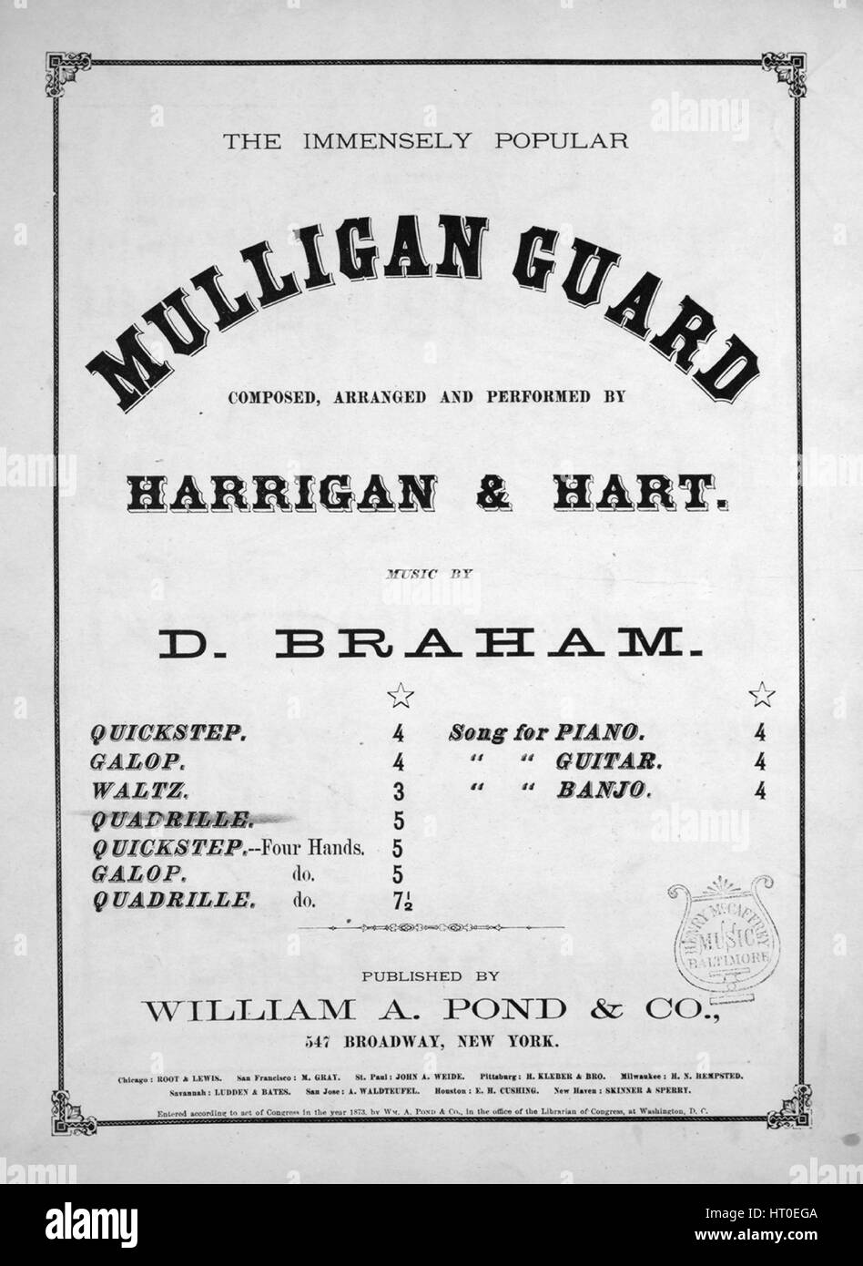 Foglio di musica immagine copertina della canzone "immensamente popolare Mulligan Guard quadriglia', con paternitã originale lettura delle note di 'Musica da Dave Braham Arr da Chas e Pratt', Stati Uniti, 1874. L'editore è elencato come 'Wm. A. stagno e Co., 547 Broadway', la forma della composizione è 'cinque da capo dei movimenti, la strumentazione è 'piano', la prima riga indica 'Nessuno', e l'illustrazione artista è elencato come 'Nessuno'. Foto Stock