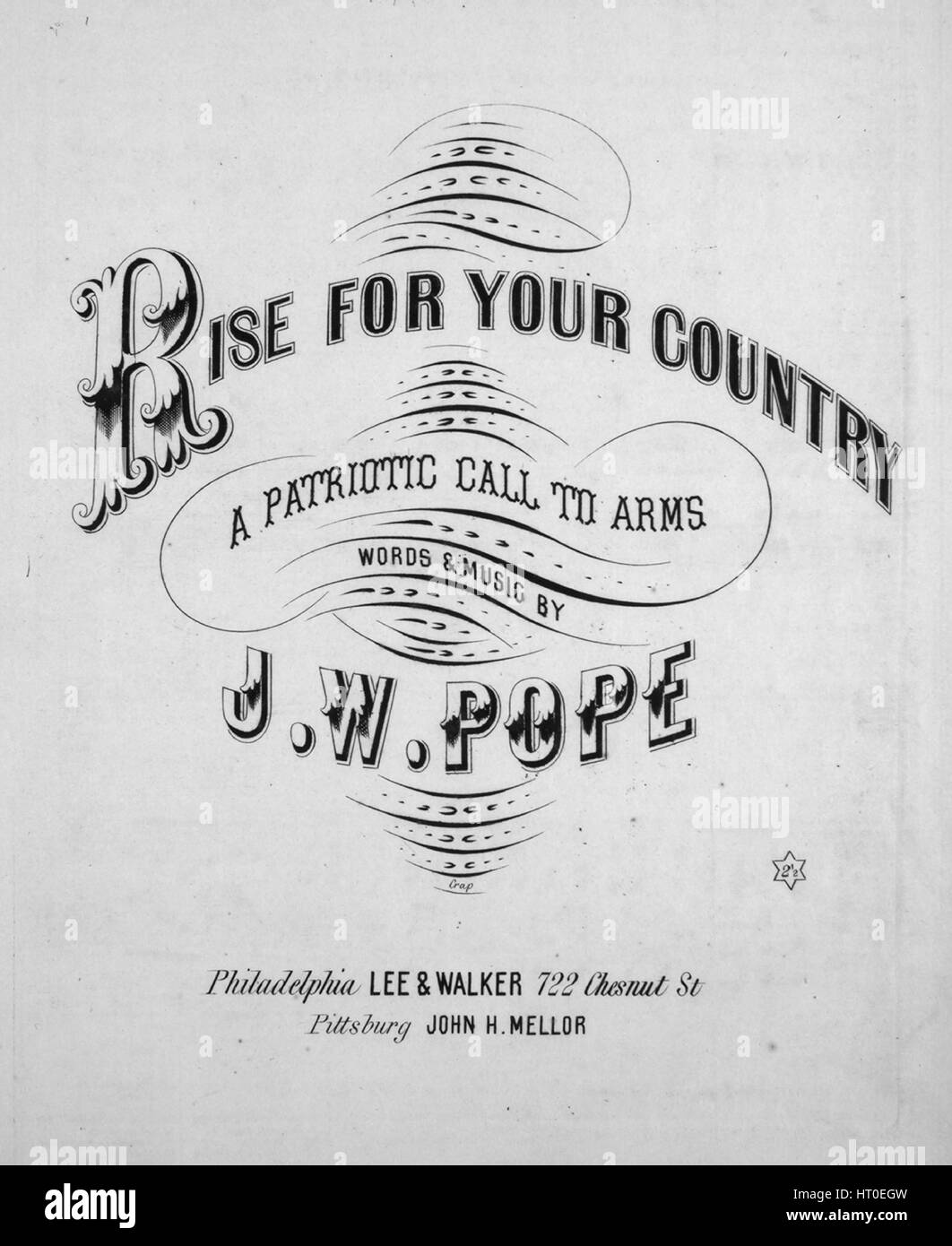 Foglio di musica immagine copertina della canzone 'luogo per il vostro Paese patriottico chiamata alle armi', con paternitã originale lettura delle note "parole e musica di JW Papa', Stati Uniti, 1861. L'editore è elencato come 'Lee e Walker, 722 Chesnut St', la forma della composizione è 'strofico', la strumentazione è 'pianoforte e voce", la prima riga indica 'luogo per il vostro Paese, voi figli della libera, salire per l'Unione per il dolce della libertà", e l'illustrazione artista è elencato come 'Nessuno'. Foto Stock