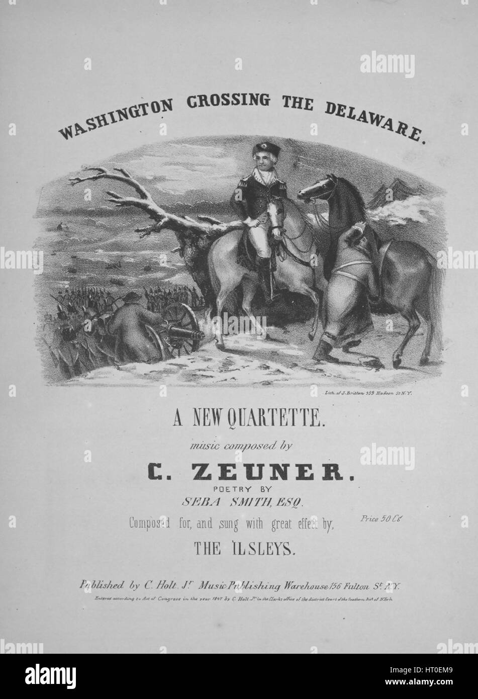 Foglio di musica immagine copertina della canzone "Washington attraversando il Delaware un nuovo Quatuor', con paternitã originale lettura delle note di 'Musica composto da C Zeuner poesia da Seba Smith, Esq', Stati Uniti, 1847. L'editore è elencato come 'C. Holt. Jr. Music Publishing in magazzino 156 Fulton Sant', la forma della composizione è 'strofico', la strumentazione è 'men una cappella chorus', la prima linea recita "buio e cupo era l'ora', e l'illustrazione artista è elencato come "lith.di J. Britton 559 Hudson San N.Y.; G.W. Ackerman Engr. e Prinr.". Foto Stock