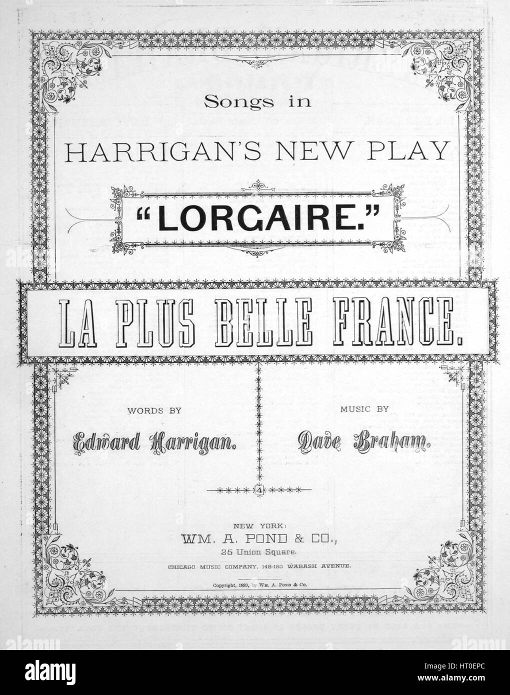 Spartiti immagine di copertina della canzone 'Songs in Harrigan's New Play 'Logaire' la Plus Belle France Smuggler Song', con note di autore originali che leggono 'Words by Edward Harrigan Music by Dave Braham', Stati Uniti, 1889. L'editore è elencato come 'Wm. A. Pond and Co., 25 Union Square, (Broadway, Bet. 15° e 16° sts.)', la forma di composizione è 'trofica con coro', la strumentazione è 'piano e voce', la prima riga recita 'sono uno smuggler grassetto, che ama il mare rotolante', e l'artista dell'illustrazione è elencato come 'Nessuno'. Foto Stock