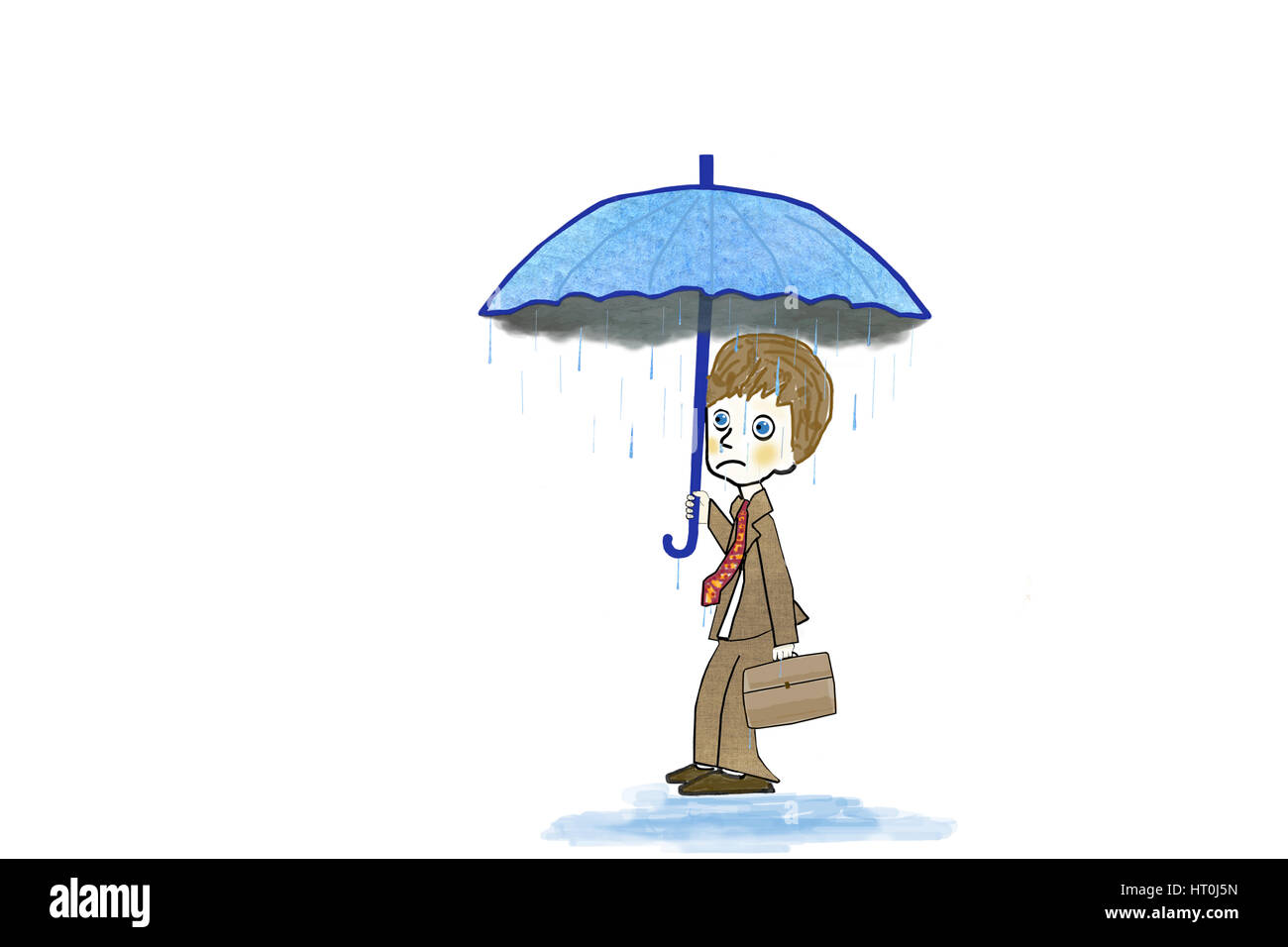 Illustrazione di un imprenditore con pioggia scendendo dall'interno di una nuvola nel suo ombrello. Concetto avversità, sconfitta, disperazione, disoccupati, guasto, crisi. Foto Stock