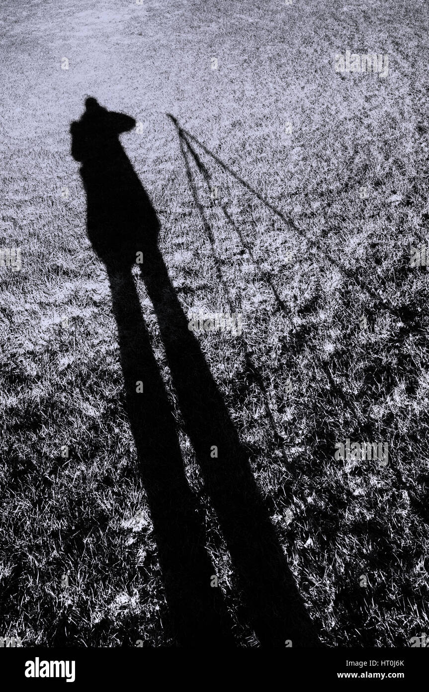 Ombra di un fotografo con un treppiede Foto Stock