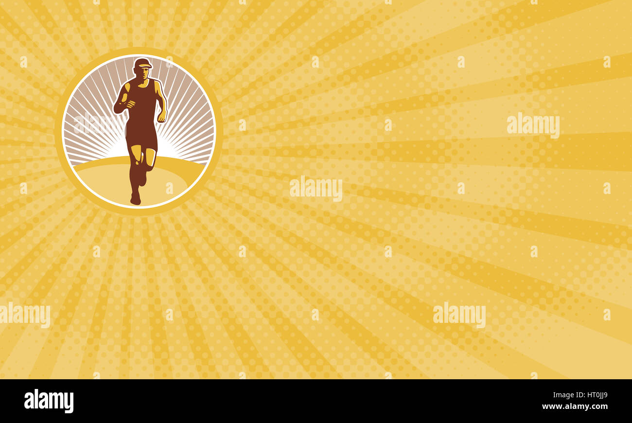 Business card mostra illustrazione di maratona triatleta runner acceso rivolto verso la parte anteriore visualizza set cerchio interno fatto in stile retrò. Foto Stock