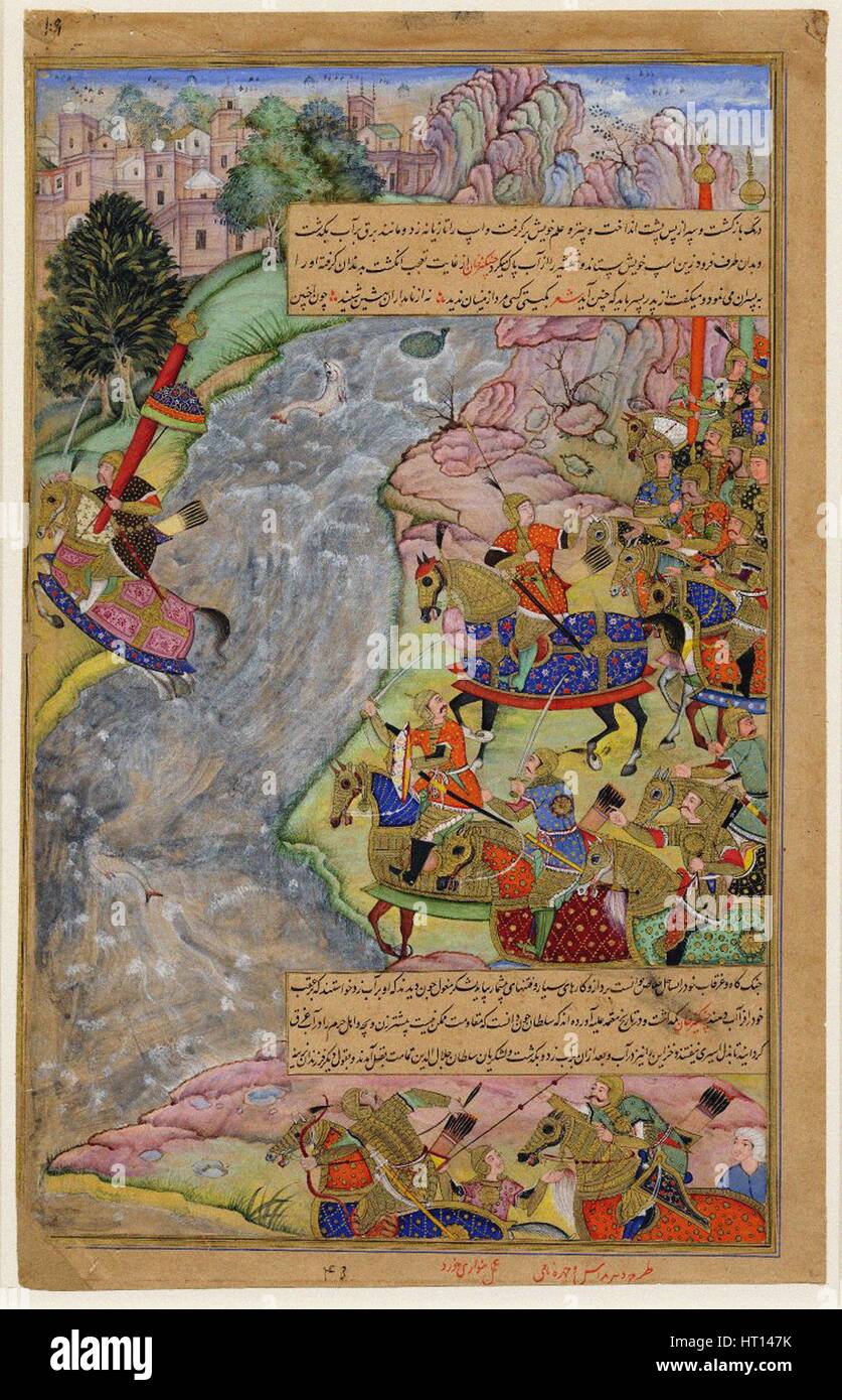 Jalal al-Din Khwarazm-Shah attraversando il rapido Indus river, fuoriuscite di Chinggis Khan e il suo esercito, 1597 Artista: Dharm Das (attivo c. 1577-1607) Foto Stock