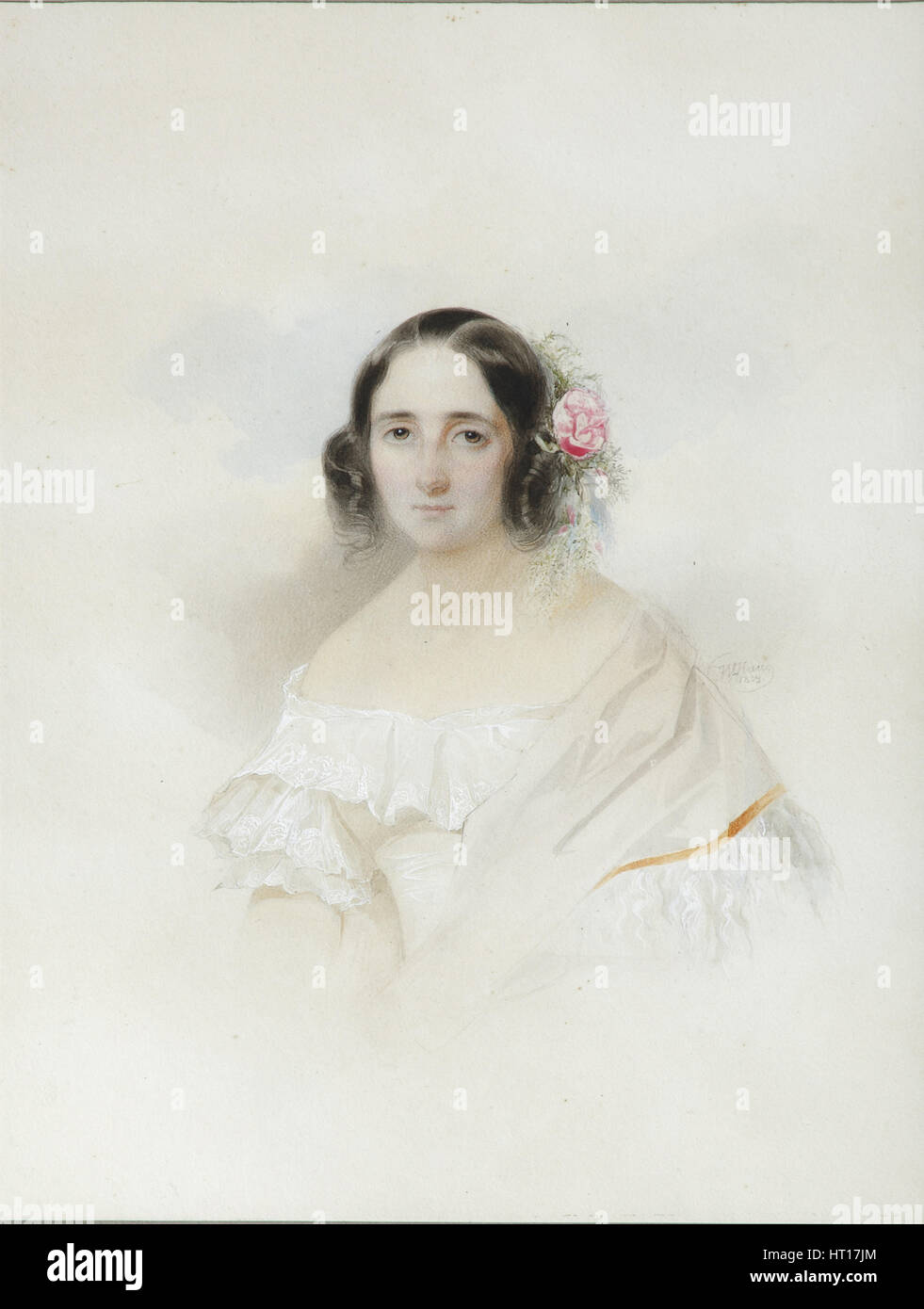 Ritratto di Anna Alexeevna Olenina (1808-1888), 1839. Artista: Hau (Gau), Vladimir Ivanovich (1816-1895) Foto Stock