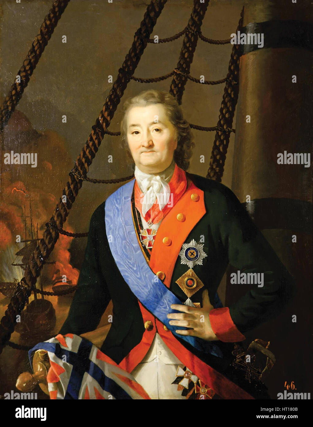 Conte Alexey Grigoryevich Orlov nella battaglia di Chesma, xix secolo. Artista: Anonimo Foto Stock