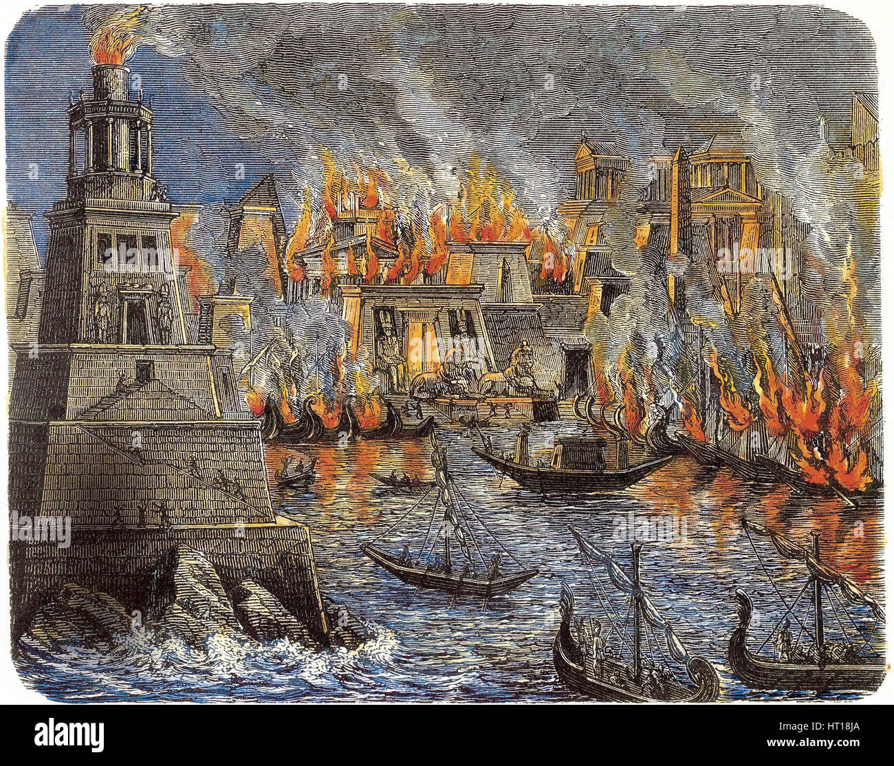La bruciatura della Biblioteca di Alessandria, 1876. Artista: Anonimo Foto Stock