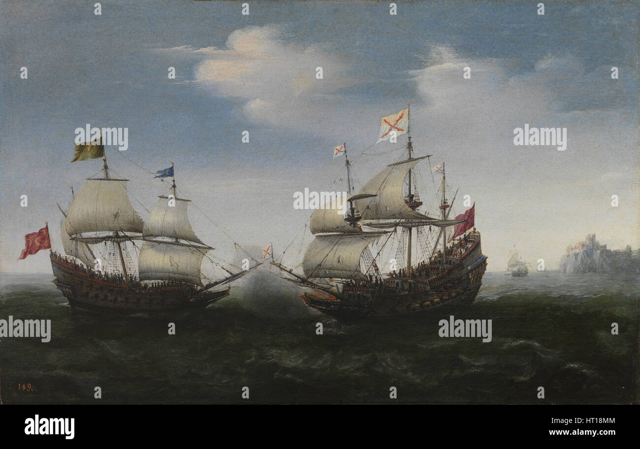 Combattimento navale contro una costa rocciosa, 1627. Artista: Vroom, Hendrick Cornelisz. (1562/3-1640) Foto Stock