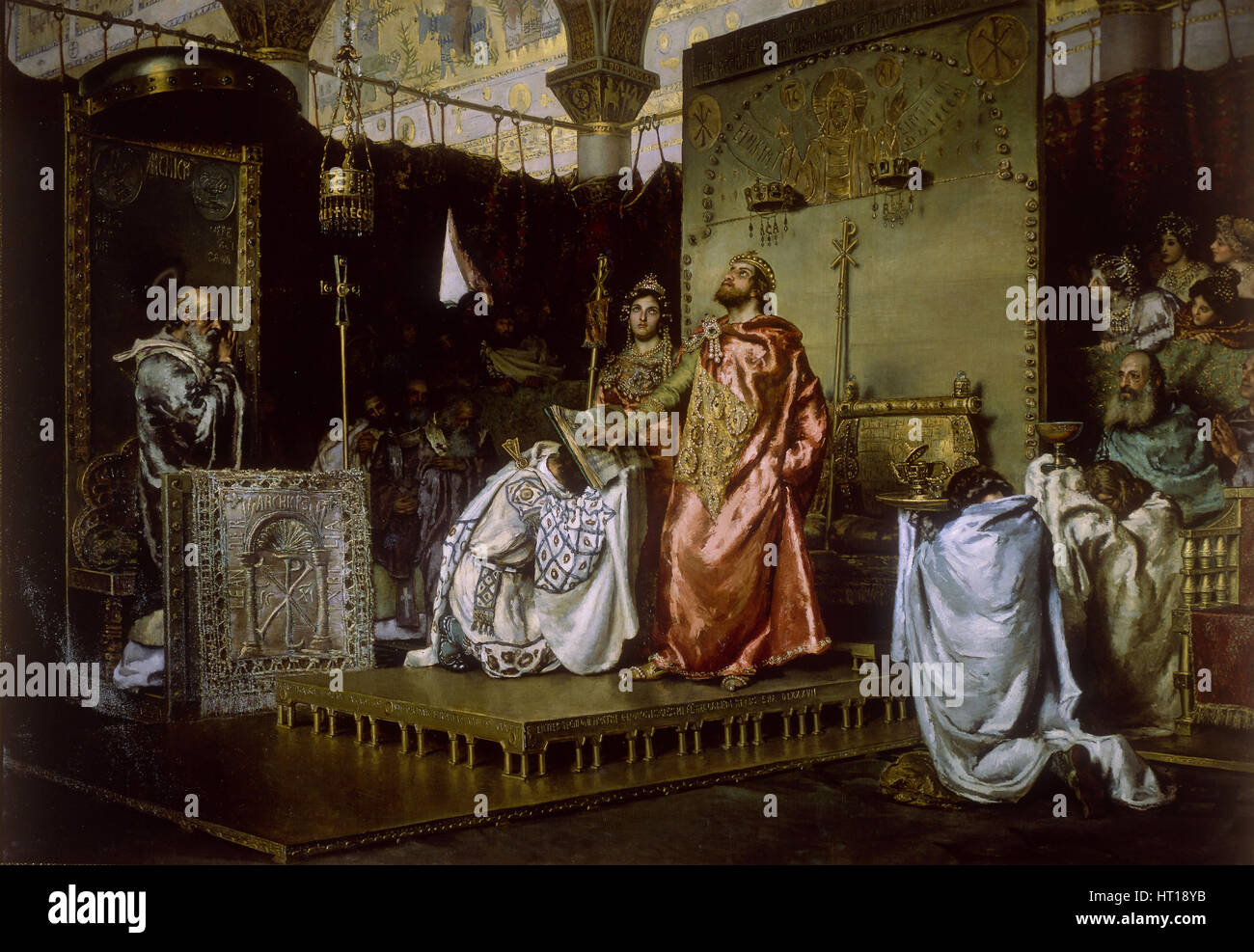 Conversione di Reccared al cattolicesimo in occasione del Consiglio III di Toledo, 589, 1888. Artista: Muñoz Degraín, Antonio (1840-1924) Foto Stock