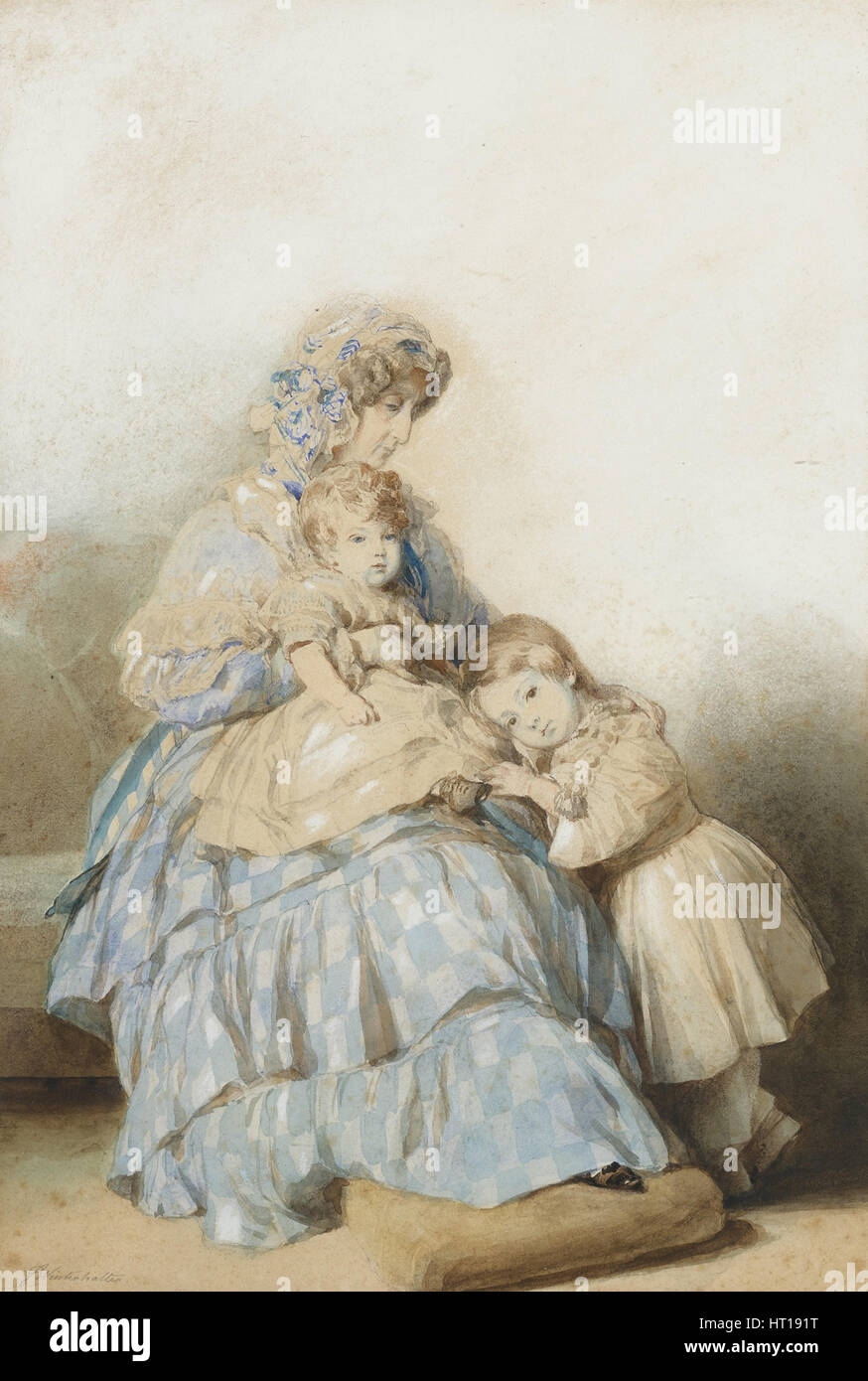 La regina Maria Amalia del francese, con i bambini del Principe Louis, duca di Nemours, 1845. Artista: Winterhalter Franz Xaver, Scuola di Foto Stock